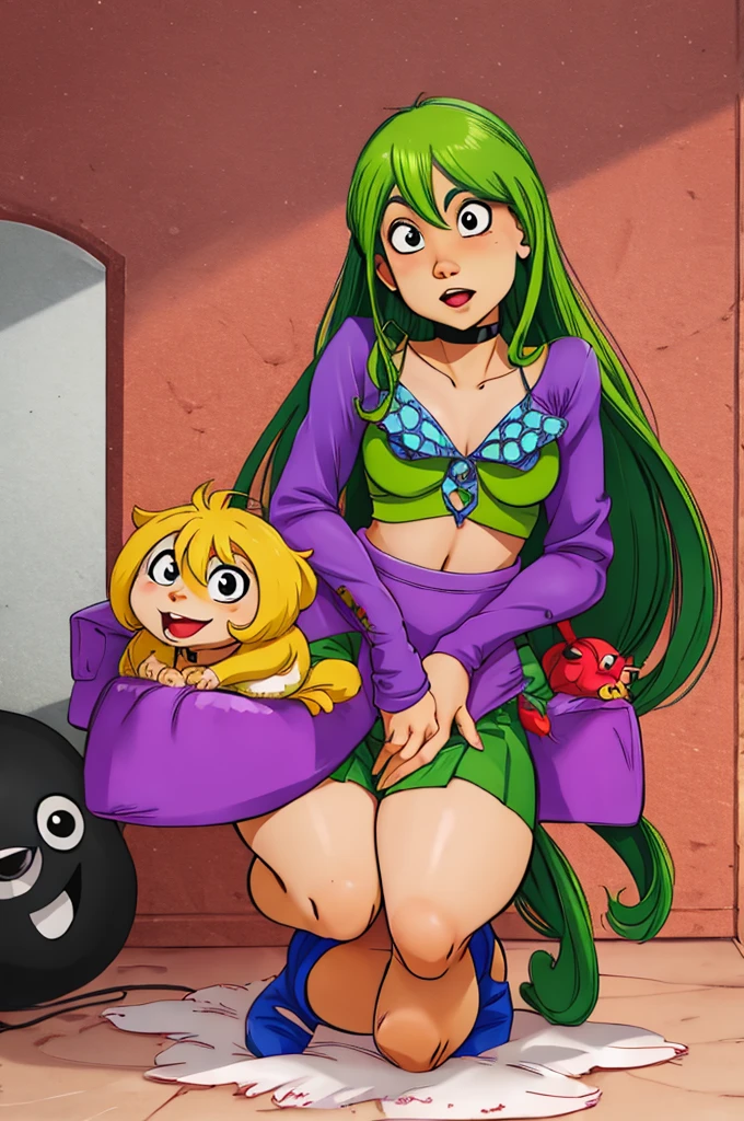 masterpiece, Highest quality, 1 girl, Ram, Tank top, hot pants, sweating, Wipe away sweat,anime, from before, blush, Embarrassing, Take a break, mature, 18-year-old, smile, Tokyo, High resolution, Green Hair, See through、Tiger print、Micro Bikini、Nipple-shaped legs、Riding on top while inserting penis