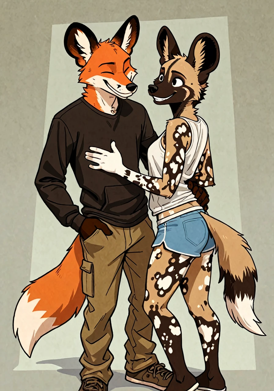 score_9, score_8_up, score_7_up, furry, 1girl, 1boy, duo, saluki, fox, <lora:SalukiPonyXL:1>, posing, v sign, looking at viewer