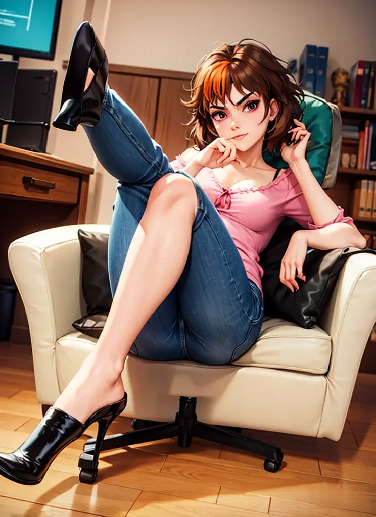 merula, sitting on a chair with her legs up, gaming chair, sexy pose, sitting pose, blue jeans, high heels pinks, legs up