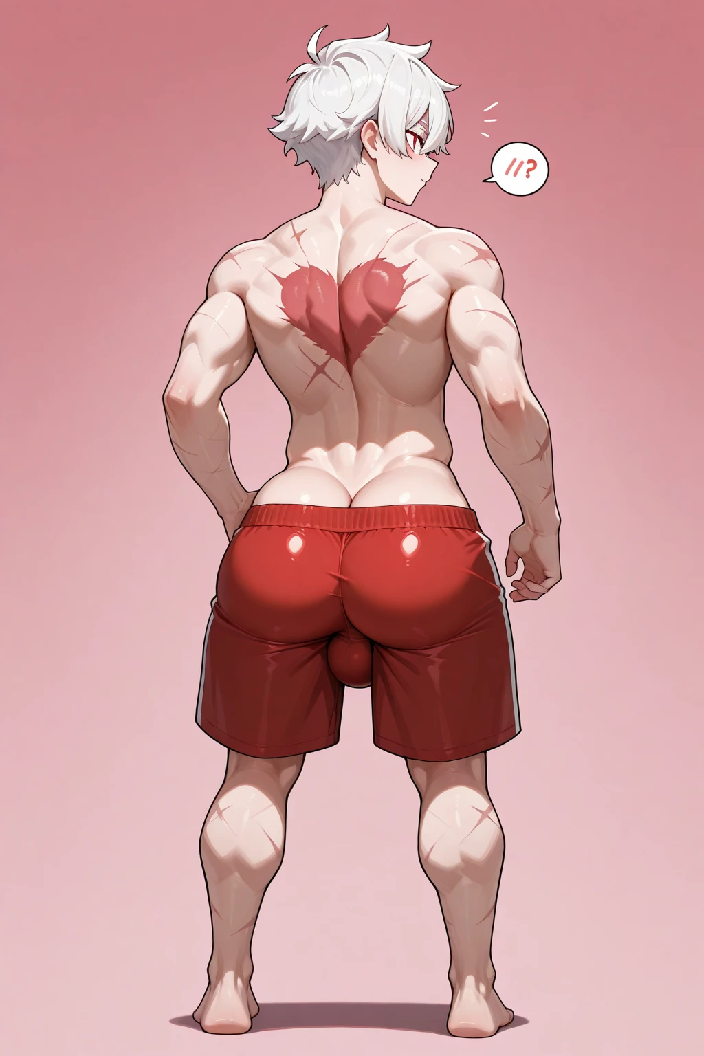 back view, demon back, back, full body in image, simple hair, full naked man, ????? body, male body, jogger pants, short hair, slender body, hot body, sexy male body, dinamic pose, six patch. detalied pose, body, simple background, expressive face, focus on face, line art, sketch