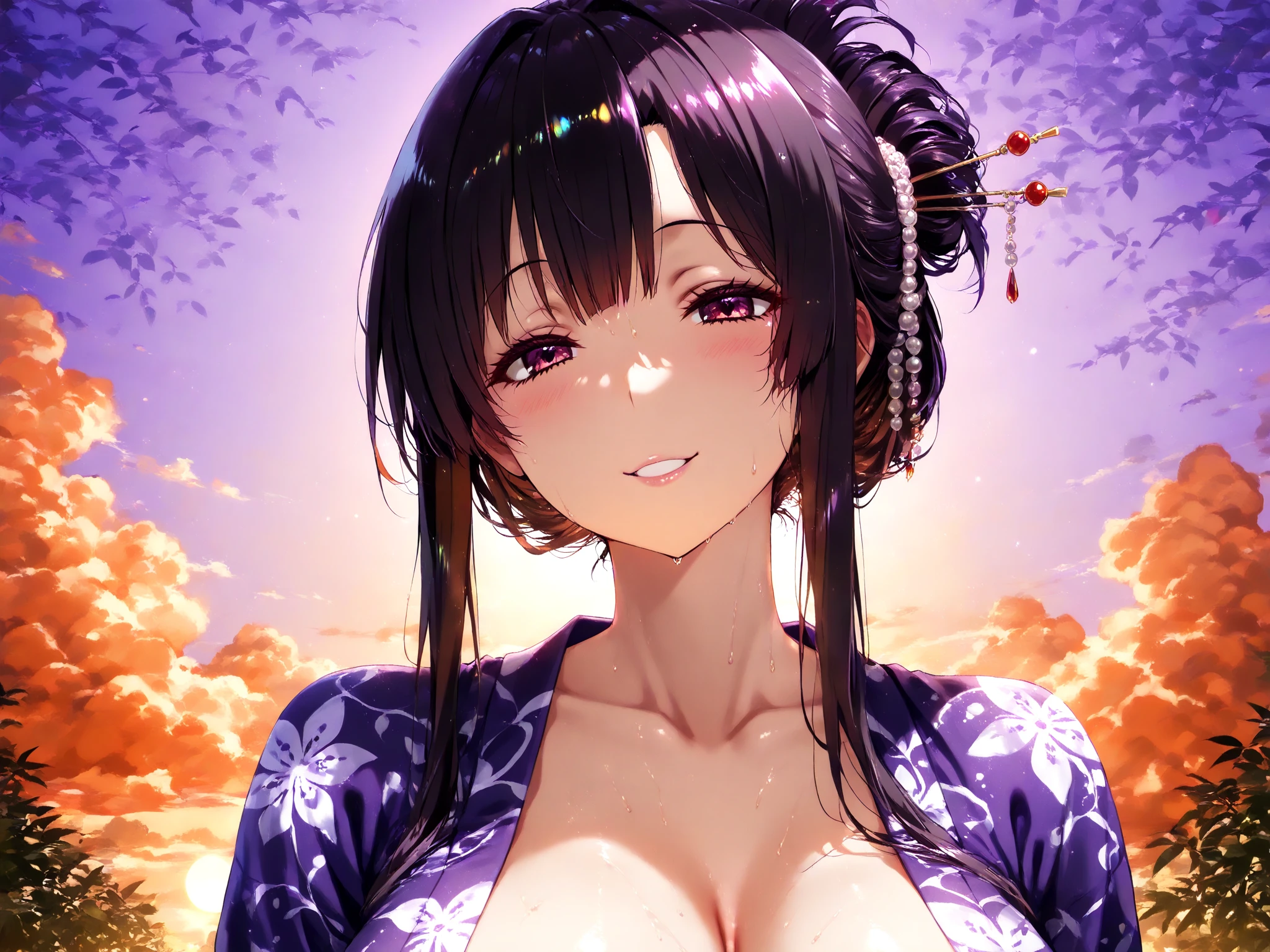 Shinobu Kocho,(比基尼:1.2),(masterpiece, Highest quality:1.3), (Super detailed:1.4),(Super detailed顔:1.2),(Super detailed目:1.2), (hyperRealistic:1.3), (RAW Photos:1.2), High-definition RAW color photos, Professional photos, (PhotoRealistic:1.4), (Realistic:1.4),8k,Professional Lighting, Perfect Anatomy, BREAK,(Big Breasts:1.4),(blush:1.2),(Bright smile:1.2),detail, Sharp focus, dramatic,dutch angle,blue sky,Ocean,sun,cloud,Butterfly Hair Ornament, Purple eyes, Multicolored Hair, short hair, Parted bangs, amount, Haori, Wide sleeves,Caustics,Surface scattered reflection,Sexy gravure pose