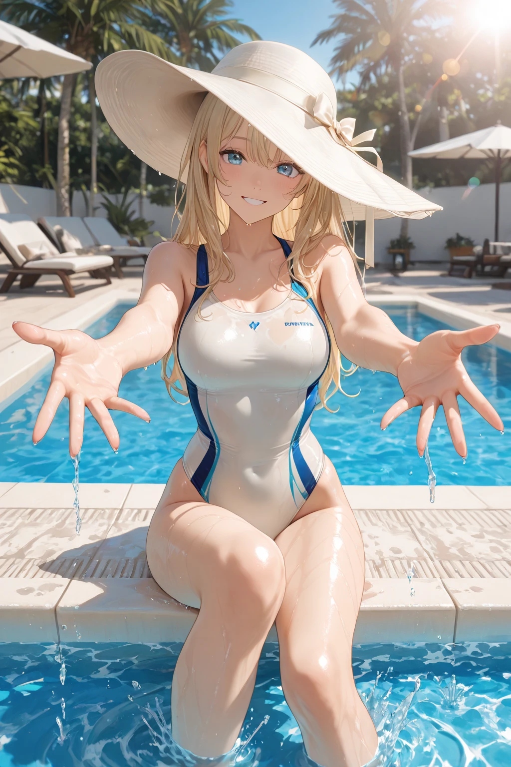 animesque、Game CG、top-quality、​masterpiece、girl, Cute, Cheerful, perfect hand,
Sitting , Erect nipple,
Contemporary Indoor Pool,  Large window, houseplant,
Glossy competition swimsuit,