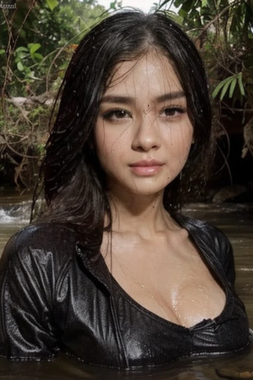  seorang wanita cantik putih mulus rambut indah  , indonesia ,tubuh montok memakai baju sexy ketat, terlihat basah terkena air sungai
poto realistic,detail,gambar cerah uhd 32k
