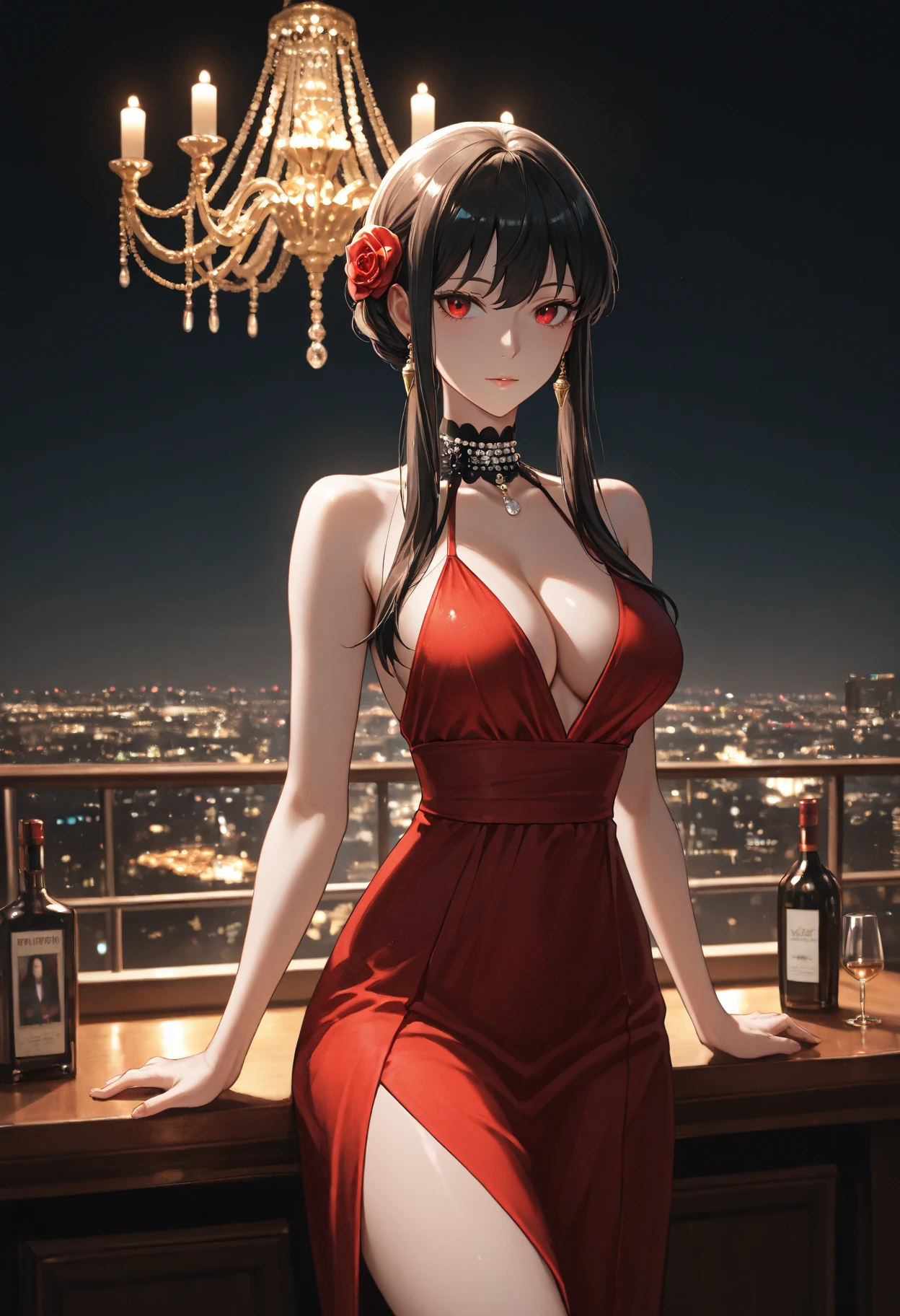 A woman in a red dress, long brown stockings, long black hair, Red eyes, smiling, big breasts, whole body, in a luxurious room with gold and white tiles, tiled floor, large window at the back with sea views,HDR, ultra resolution, well defined, Masterpiece, 8k high definition. (solitary woman)