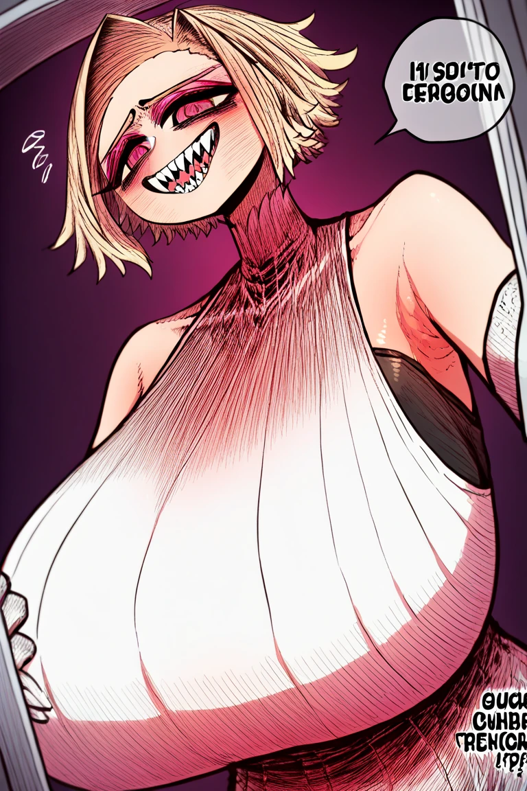 My hero Academia style, Himiko Toga from My Hero Academia, smile, squinted eyes, blushing, large waist, large breasts, long tongue, licking a popsicle, unbuttoned shirt