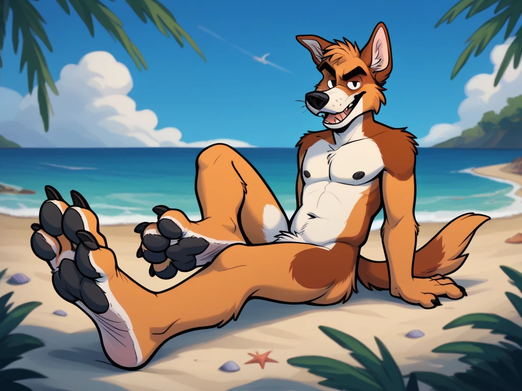 by fluff-kevlar, by Zackary911, by Kenket, by Kilinah, by fluff-kevlar, (masterpiece), (best quality), (anthro furry:1.3, snout:1.2, anthro:1.3, furry:1.2, solo male:1.2), (extremely detailed:1.3), (extremely detailed eyes), (muscular figure, thick figure, curvy figure), (thick body), (curvy body), (huge thighs), (huge butt),  black lingerie, sport bra, stripper, beach background, (perfect posture, seductive expression, sexy pose), short hair, black hair, wolf, red eyes, (huge bulge),((genitalia overflow)), very big penis,male genitalia, front view