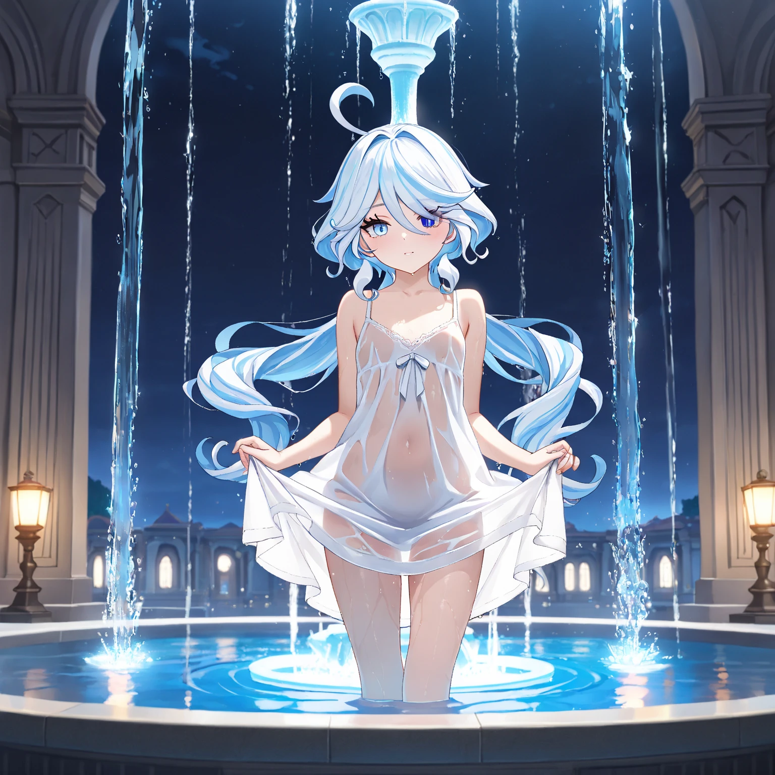 Kama clad in a wet towel, long hair, tall figure, seductive smile, blushing, shiny see-through cloth, kneeling spread-pegged in the onsen at night