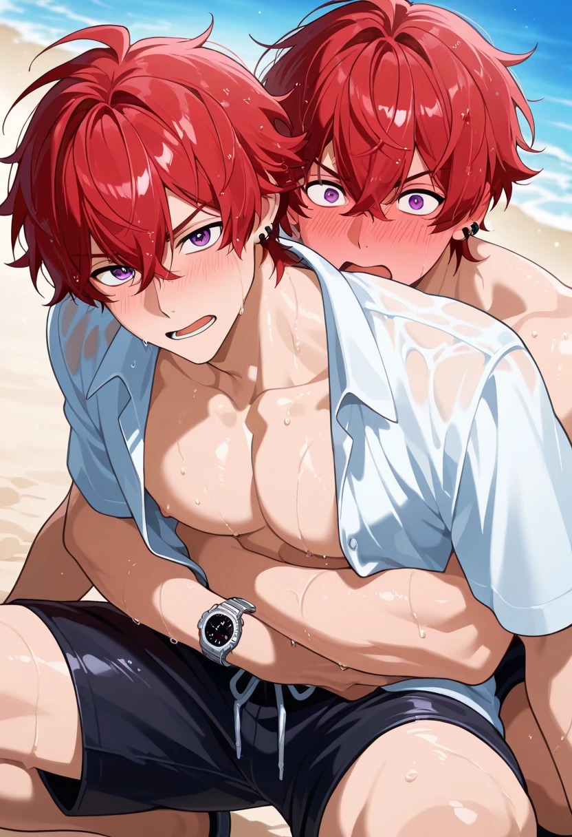 2 cute boys ,red hair ,boxers ,shirtless ,beach ,blue eyes ,masterpiece ,high quality