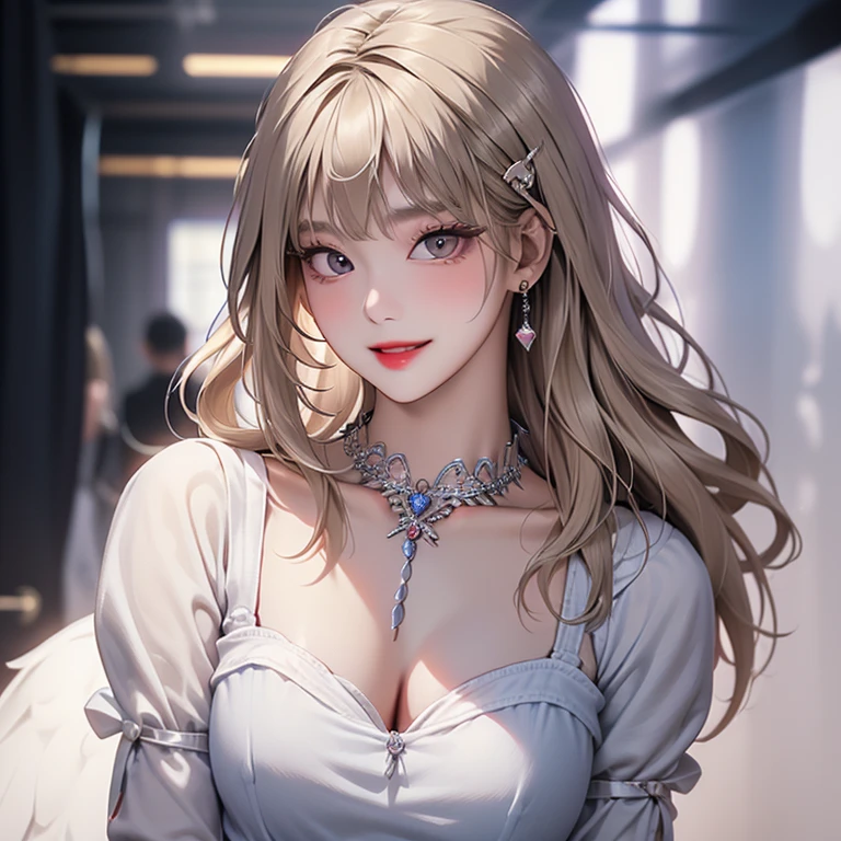 1girl, bad-girl, pink hair, long hair, aqua eyes, rabbit ears,hair band, bad-girl, (21yo)bare shoulders, black gloves, chain, cleavage, dress, earrings, elbow gloves, genderswap, gloves, earrings, jewelry, medium breasts, looking at viewer, necklace, parted lips, smile, solo, upper body,shiny,shiny skin