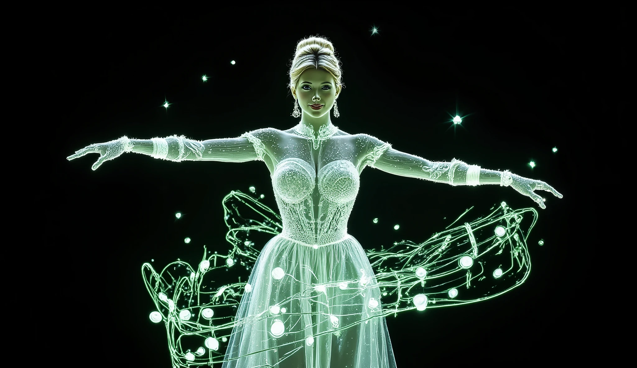 A visual representation of musical notes is shown spinning in the air, accompanied by the luminous outline of a beautiful ghostly woman in a ball gown, crown, earrings, hair tied in a bun, smiling and dancing in a twirl