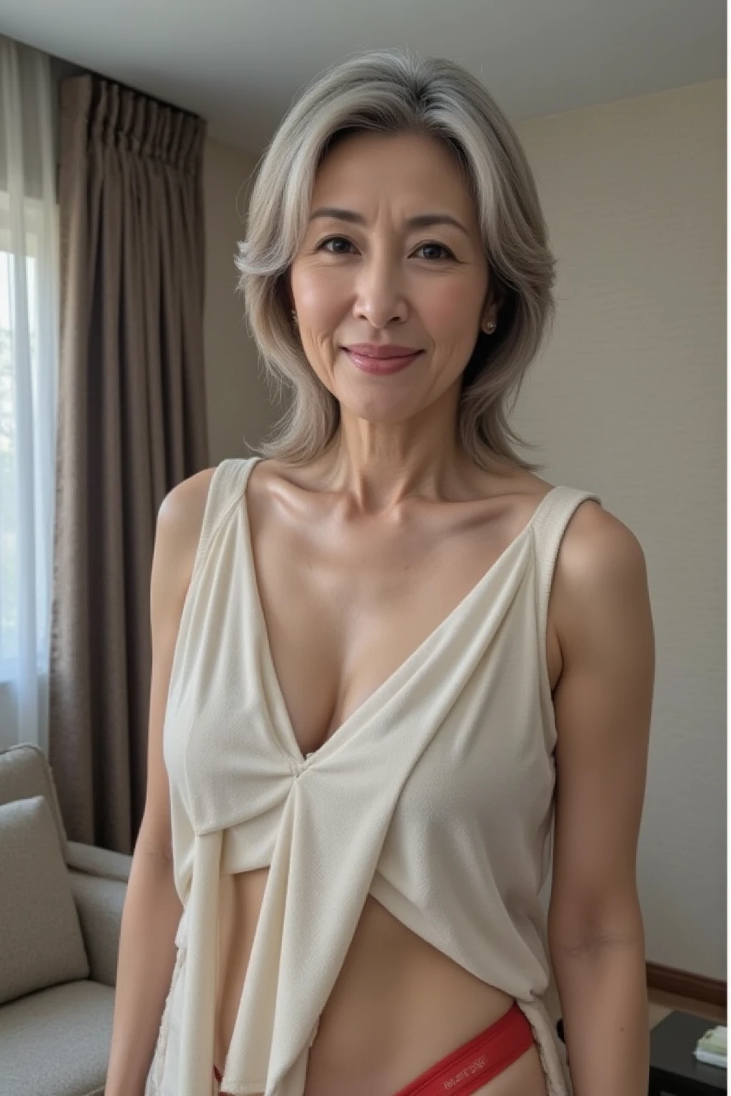 ((unparalleled masterpiece ever、top-quality、Female, 65 years old、(Wrinkled face:1.1)、(Wrinkled body:1.3)、grin、japanese mature、((Scruffy body:1.1))、Erotic Lingerie、
