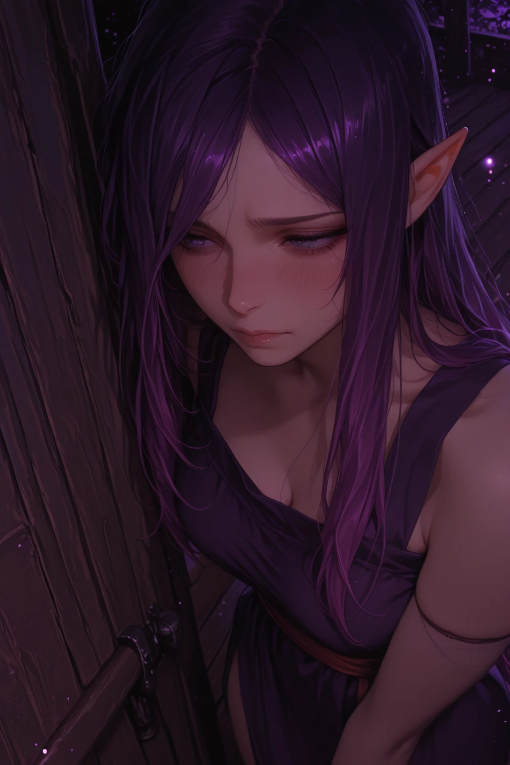 Create a high-quality, detailed image of a beautiful, anime gamer girl that is nude with tattoos and long purple hair, and ears, sitting at her gaming PC in her gaming room. She is wearing panties, highlighting her stunning curves. The warm, inviting scene includes soft ambient lighting, comfortable seating, The setting is illuminated by a small lamp, creating a serene and intimate atmosphere