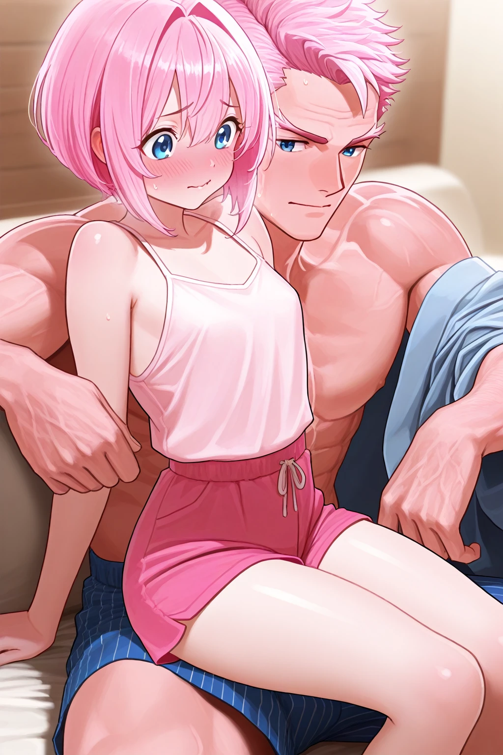 score_9, score_8_up, score_7_up, source_anime, flat color, anime screencap, ikuchan, BREAK, 1boy, wattson, apex legends, genderbend, huge enormous penis, nude, twink, indoors, blonde hair, smug, lean, huge enormous penis, stroking penis, femboy, otoko no ko, full-body, sitting, couch, touching self, muscular, large waist, large thighs, BREAK, 1girl, milf, dark skinned female, loba, vagina, breasts, BREAK, doggstyle, duo, duo focus, sex
