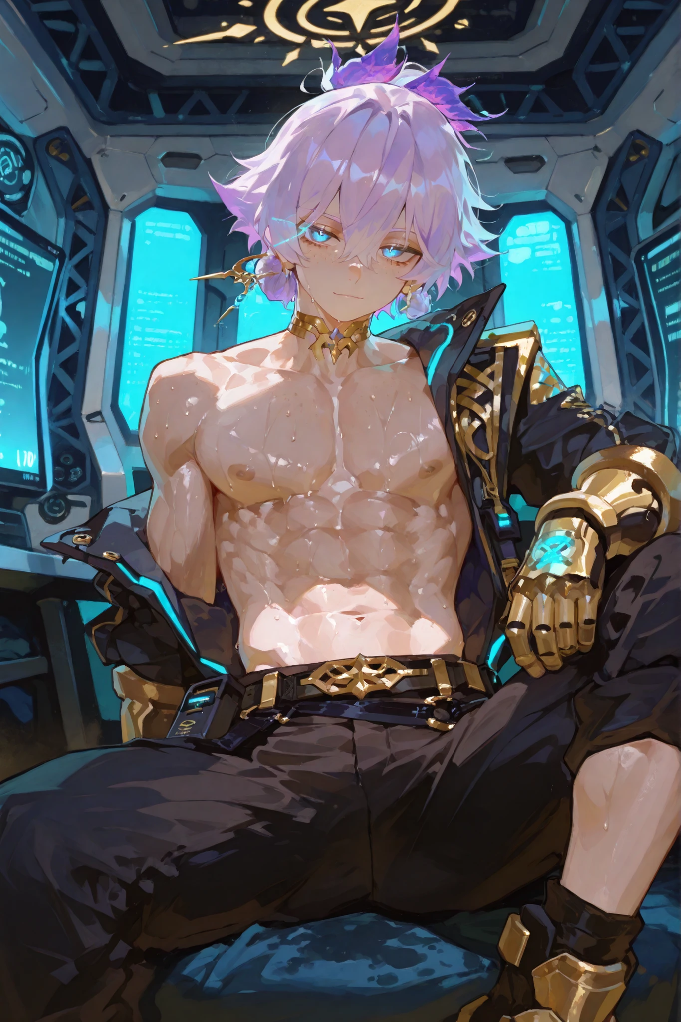 
1boy focus,SEDUCTIVE AND GAY POSE . young latino boy toned  white freckles 15 year old boy who is lean muscular body big manly chest , soft glowing fair dark  skin, lavendar light purple  hair  messy spikey fade huge hairstyle fringe hair  sticking to forehead. big sparkling dark blue eyes , wearing royal prince modern tech holographic blue and gold clothing shiny yellow  symbol and  with smooth skin anime-style, highly detailed, , glowing neon eyes,  blue eyes,  sweaty skin, in a joyful beach   .  gold accessories ,   very skinny legs,  becomes a sleek, modern ceremonial-tech hybrid. He wears a fitted, deep red tactical jacket with gold sun-etched lines running along the sleeves and shoulders, layered over a turquoise, shirtless torso. His high-waisted, black utility trousers taper at the ankles and feature gold-accented straps, side pouches, and geometric etchings. A long, asymmetric sash flows from his belt—part traditional fabric, part semi-transparent energy cloth—adorned with glowing sun symbols. Metallic gauntlets, feather-detailed shoulder pads,, blending ancient sun-worship aesthetic with futuristic hunter gear, sitting spread legs in city room








