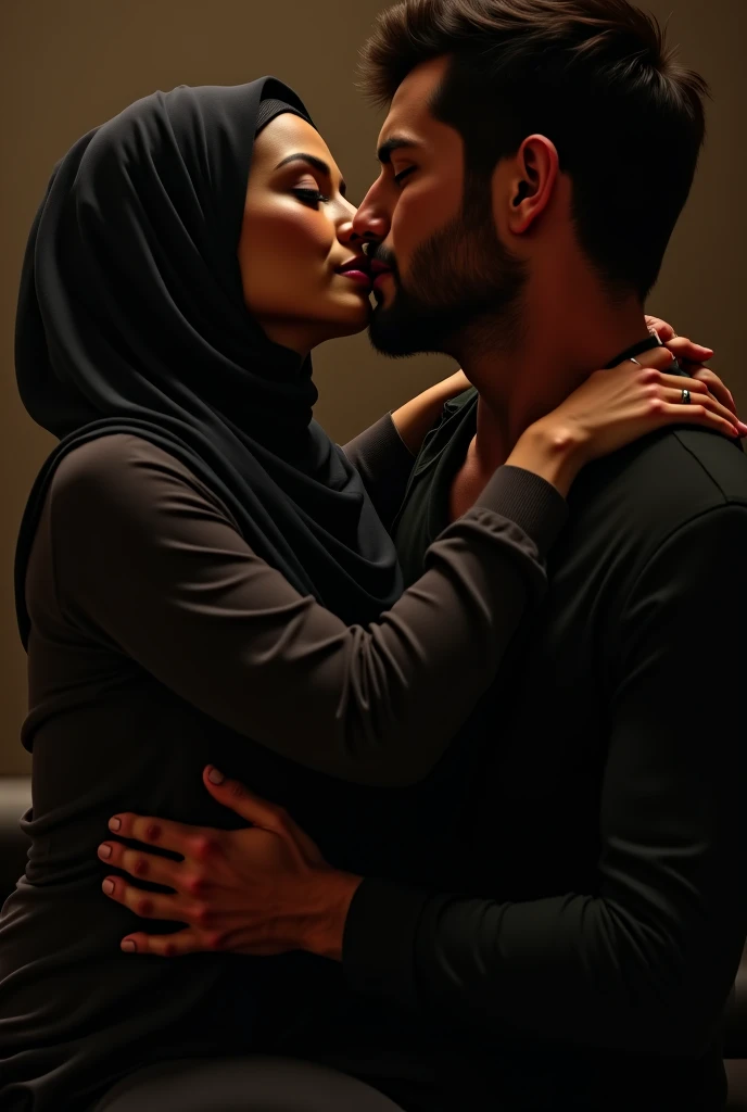Sexy hot fully naked Pakistan girl who is wearing only hijab kissing full mouth to mouth to a Indian Hindu hot sexy guy who is wearing red dress shirt with open buttons and red jeans