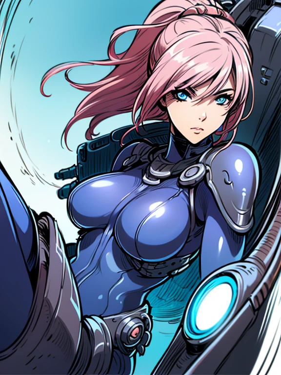 ultra-detailed, Explicit, Beautiful body, Beautiful Nose, Beautiful character design, perfect eyes, perfect face, ultra highres, 4K, beautiful legs, perfect legs, Nice hands, Perfect hand, Masterpiece, Best Quality, Highly detailed, illustration, absurdres, perfect anatomy, street fighter, doll suit, shadaloo doll, dollsuit, expressionless, blank eyes, looking at viewer, red gloves, emotionless, black latex, corrution, mind control, female combatant, full body, hypnotized, unhappy trance, full body suit, ribbed bodysuit, both arms at side, obey, perfect female body, extremely glossy latex, hypnosis, hypnoLora, empty eyes, Mind control device, poses, submissive_pose, Slave, hat, necktie, stand up straight, standing, standing at attention, hat, necktie, belt, latex, ribbed bodysuit, thighhighs, garter belt, Fighting Stance, extending the right arm from the shoulder into the air with a straightened hand, military, thigh boots, 1girl, Solo, pink hair, long hair, hair ornaments, blue eyes, Feldt Grace, Mobile Suit Gundam 00