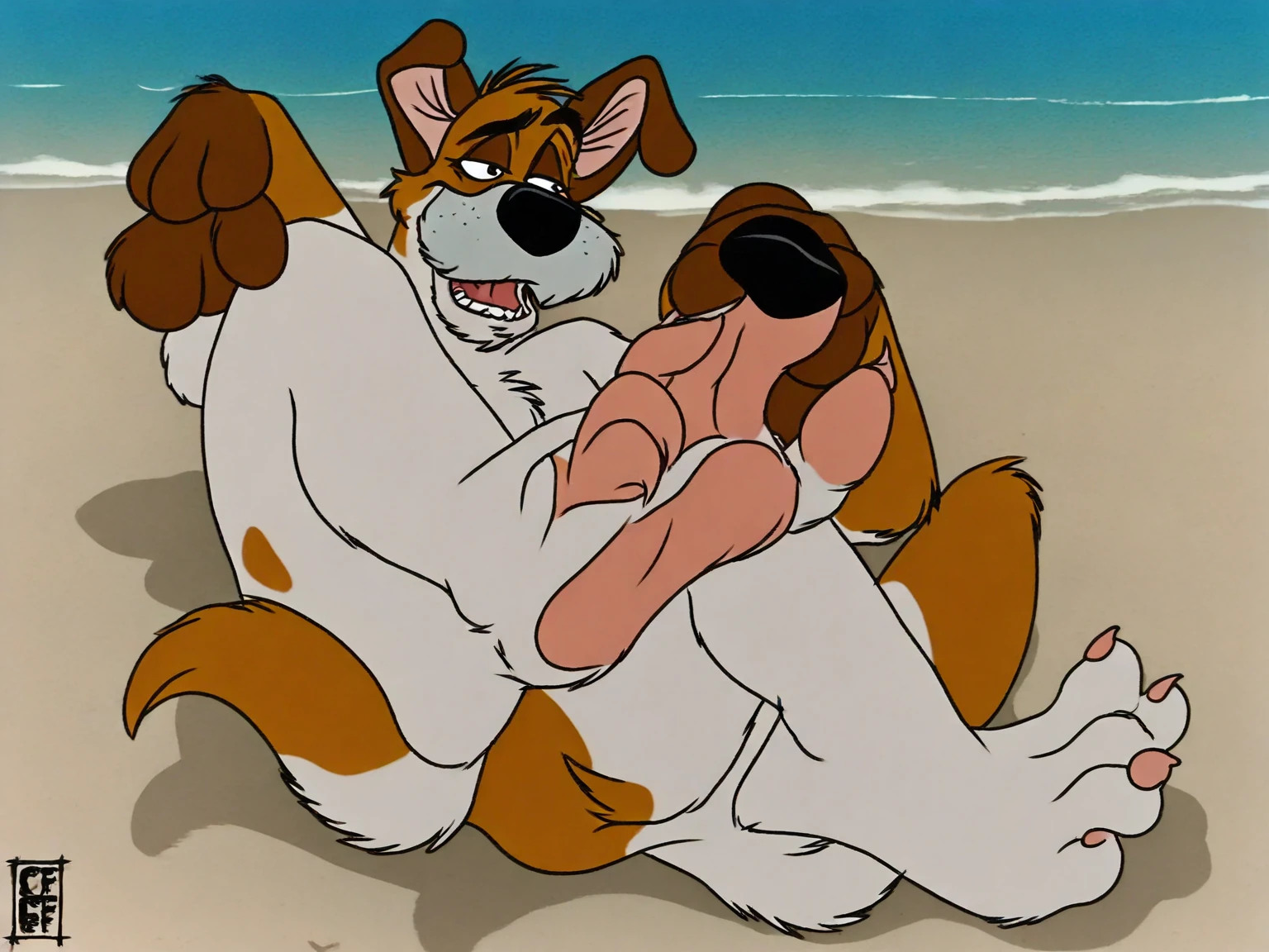 NSFW (nude) (Melissa Benoist ((human)) medium breasts, strip of pubic hair) vaginal penetration, fucking male furry white dog with dog penis, full body, on a deserted beach