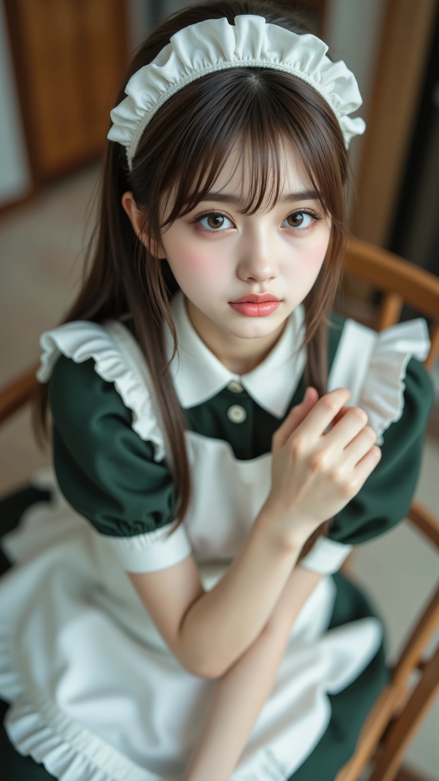 table top, best quality, top quality, masterpiece, Reality, Ultra High Definition, live-action, 非常にdetails, details, high resolution, 8K Wallpaper, perfect dynamic composition, ((close:1.3, from above, View your viewers)), beautiful fine detail , (Wearing a cotton maid outfit, , cute ruffle girl dress, maid headband, The base color is white、black、green),twin tails, (perfect )