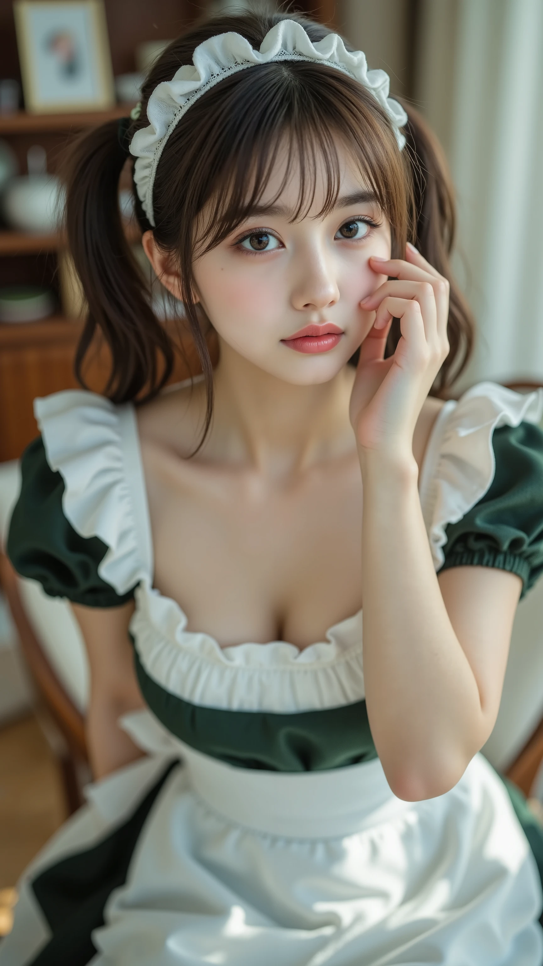 table top, best quality, top quality, masterpiece, Reality, Ultra High Definition, live-action, 非常にdetails, details, high resolution, 8K Wallpaper, perfect dynamic composition, ((close:1.3, from above, View your viewers)), beautiful fine detail , (Wearing a cotton maid outfit, , cute ruffle girl dress, maid headband, The base color is white、black、green),twin tails, (perfect )