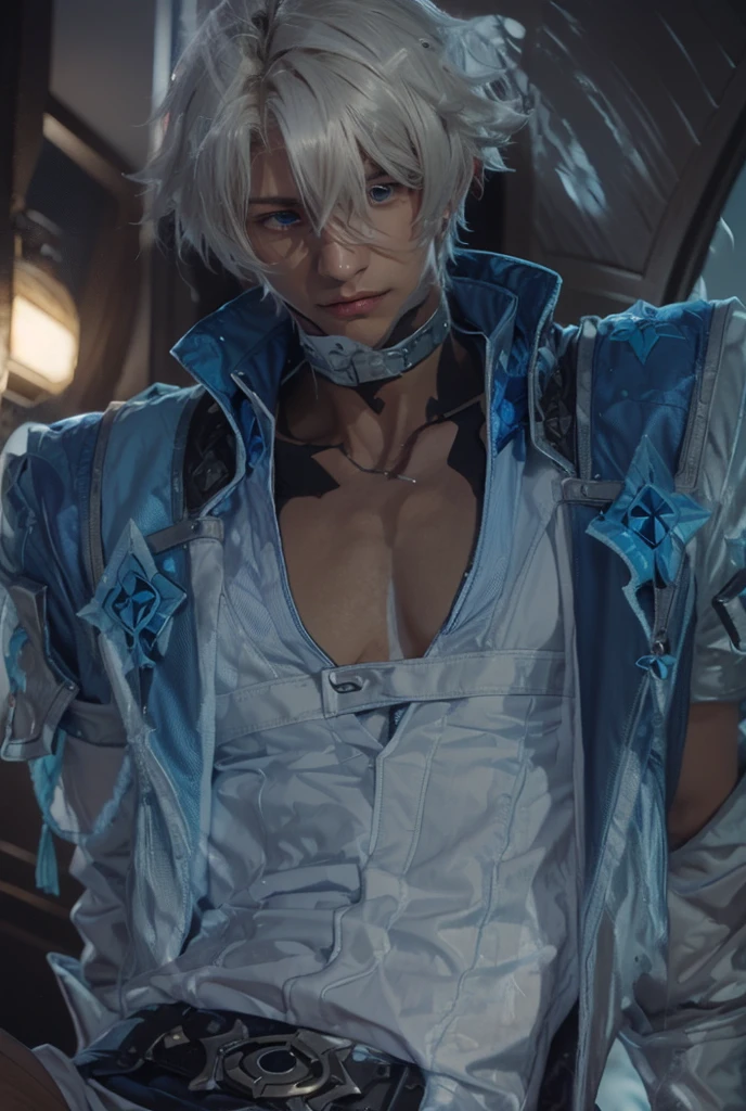a man with silver hair and a white jacket, tane skin, sigma male, extremely detailed face and eyes, detailed nose, smile, highly detailed facial features, striking masculine features, strong jawline, intense gaze, serious expression, wearing a black suit, standing in a dark, moody room, dramatic studio lighting, cinematic composition, realistic, photorealistic, 8k, extremely detailed and sharp, muted color palette, chiaroscuro lighting