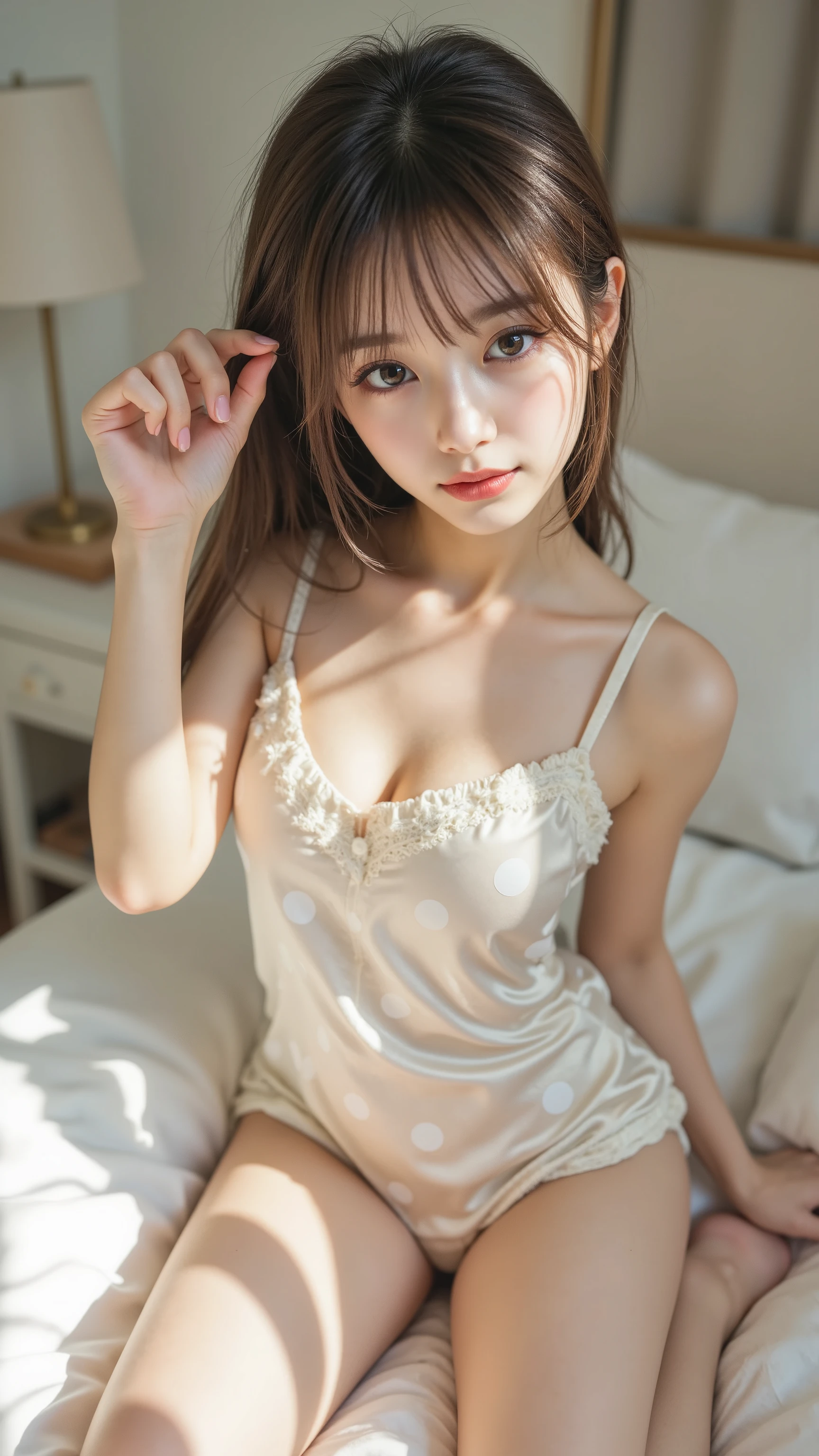 (masterpiece, best quality、top quality)、Reality、Ultra High Definition、girls, (tight satin pajamas, Polka dot pattern), cute, summer, bed, Face Down、stare、Sunshine, anime style, high resolution, Super Detailed、Raise the、Extend one hand a lot、((big breasts、 cleft))、((Messy Hairstyle))