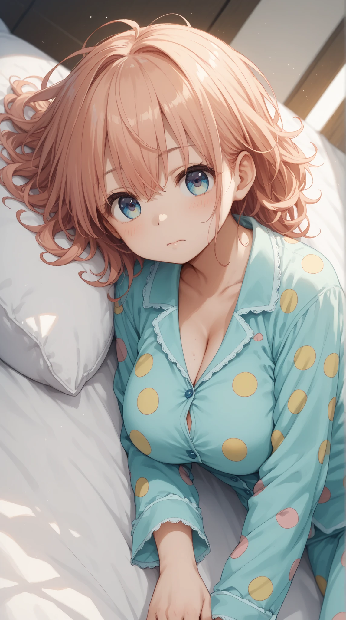 masterpiece, top quality, girls, pajamas, Polka dot pattern, cute, summer, bed, Face Down、pillow、Sunshine, anime style, high resolution, Super Detailed、 Awaken、stare、(big 、 cleft)、だらしないpajamas、((Messy Hairstyle))