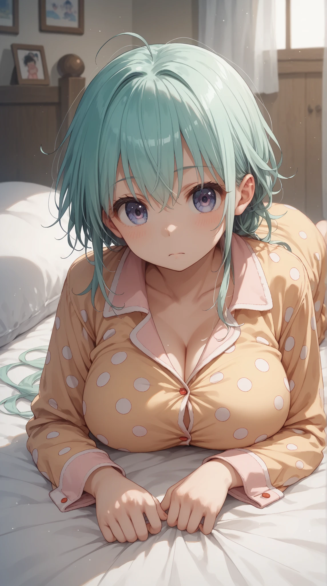 masterpiece, top quality, girls, pajamas, Polka dot pattern, cute, summer, bed, Face Down、pillow、Sunshine, anime style, high resolution, Super Detailed、 Awaken、stare、(big 、 cleft)、だらしないpajamas、((Messy Hairstyle))