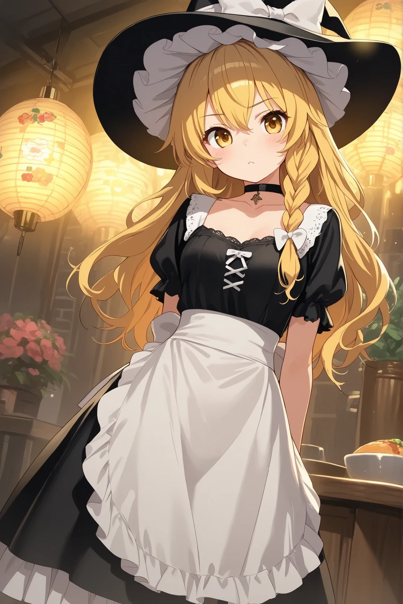 (Quality, 4k, A High Resolution, Masterpiece), Marisa Kirisame, blonde hair, long hair, side braid, golden eyes, Mexican costume 