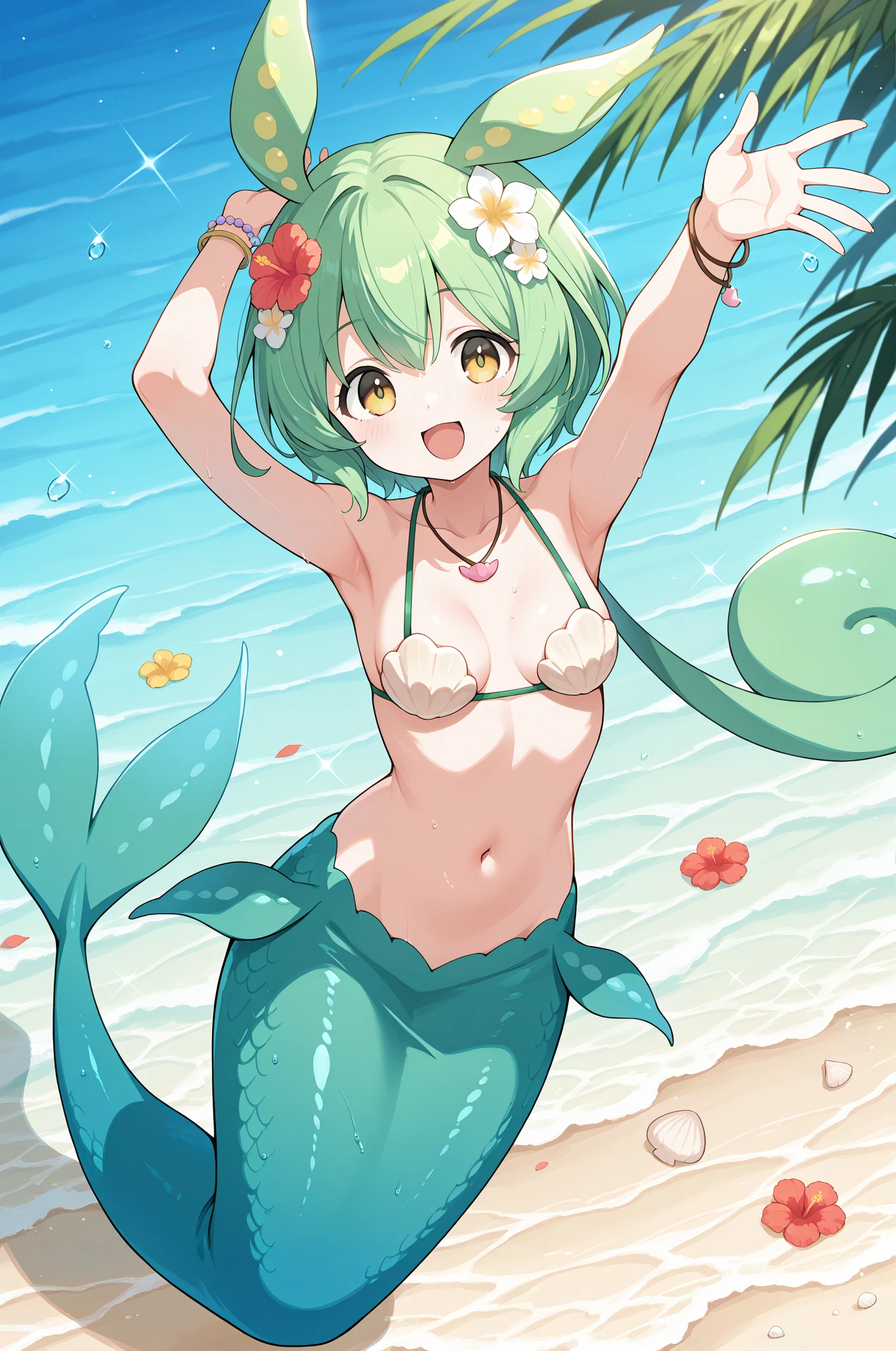 score_9,score_8_up,score_7_up, source_cartoon, source_furry, rabbit girl, rabbit tail, Green hair, short hair, long side hair, furry, blush, looking at viewer, smile, 1girl, rabbit ears, furry female, Pink skin, pink fur, light beige fur, two-tone body, two-tone fur, ((hairband, bright green strapless fringed bandeau bikini)), blush, looking at viewer, standing, red eyes, anthro, small breasts, cheek tuft, eyelashes, eyelids, facial tuft, navel, short body, tiny body, beach, clear sky, standing, multiple boys, dynamic angle, shy, 1 girl, sweat, breath, ((multiple boys caress the girl's entire body)),
