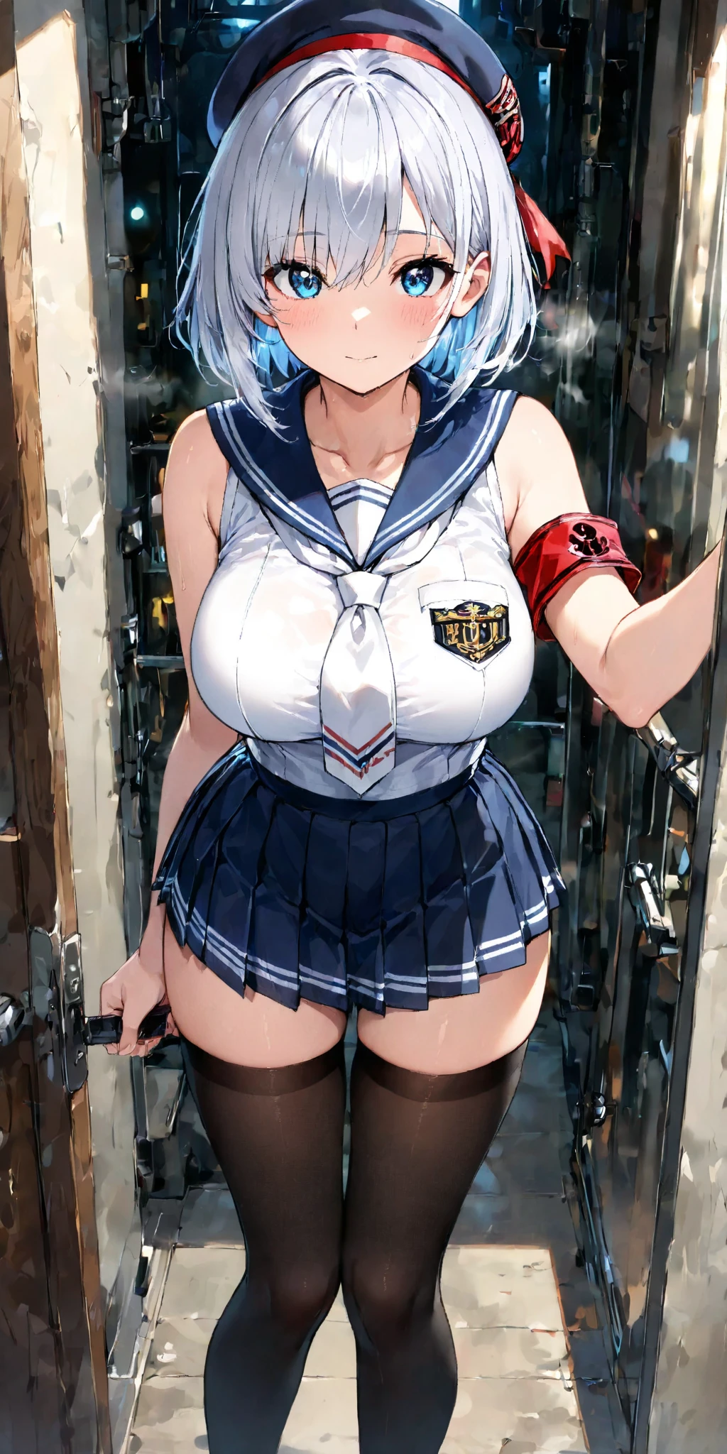 High school girls、1girl, Tall、(Angle from below:1.5), Blindfold、 ギャグハーネス, ((Summer School Uniforms)), ((Torn short-sleeved shirt))、The shape of the chest is clearly visible、small breasts、(Light blue bra), (navel), (Ripped pleated mini skirt)、((Light blue lace panties))、Forehead、Dark Blue Hair、Slender、16 years old girl, ((arms behind back)), (shibari:1.5), rope, dominatrix,BDSM,(ashamed:1.21), ((close up crotch)), ((Being crucified)), On the roof of a building、footjob, ((eject cum:1.5)), (((foot on penis))), (she is standing and footjob), One leg raised、