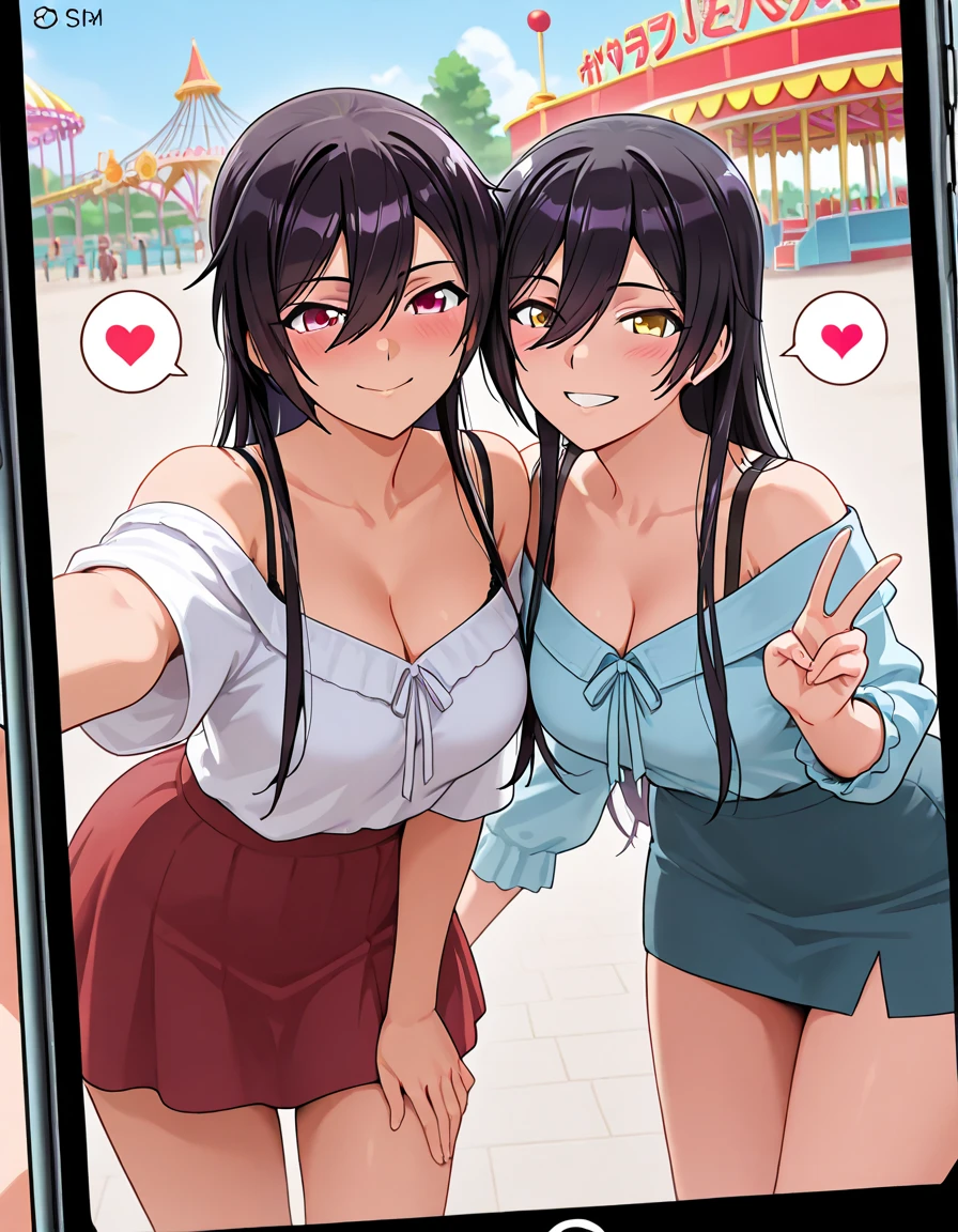 2heads, a thick woman with two heads. She is outside in a park. She is wearing a bikini top, wearing jeans. She has messy long curly dark blue long hair. She has baggy eyes. Flirty. Four breasts, multibreast. Big breasts. Tan lines. Taking a selfie, POV selfie.