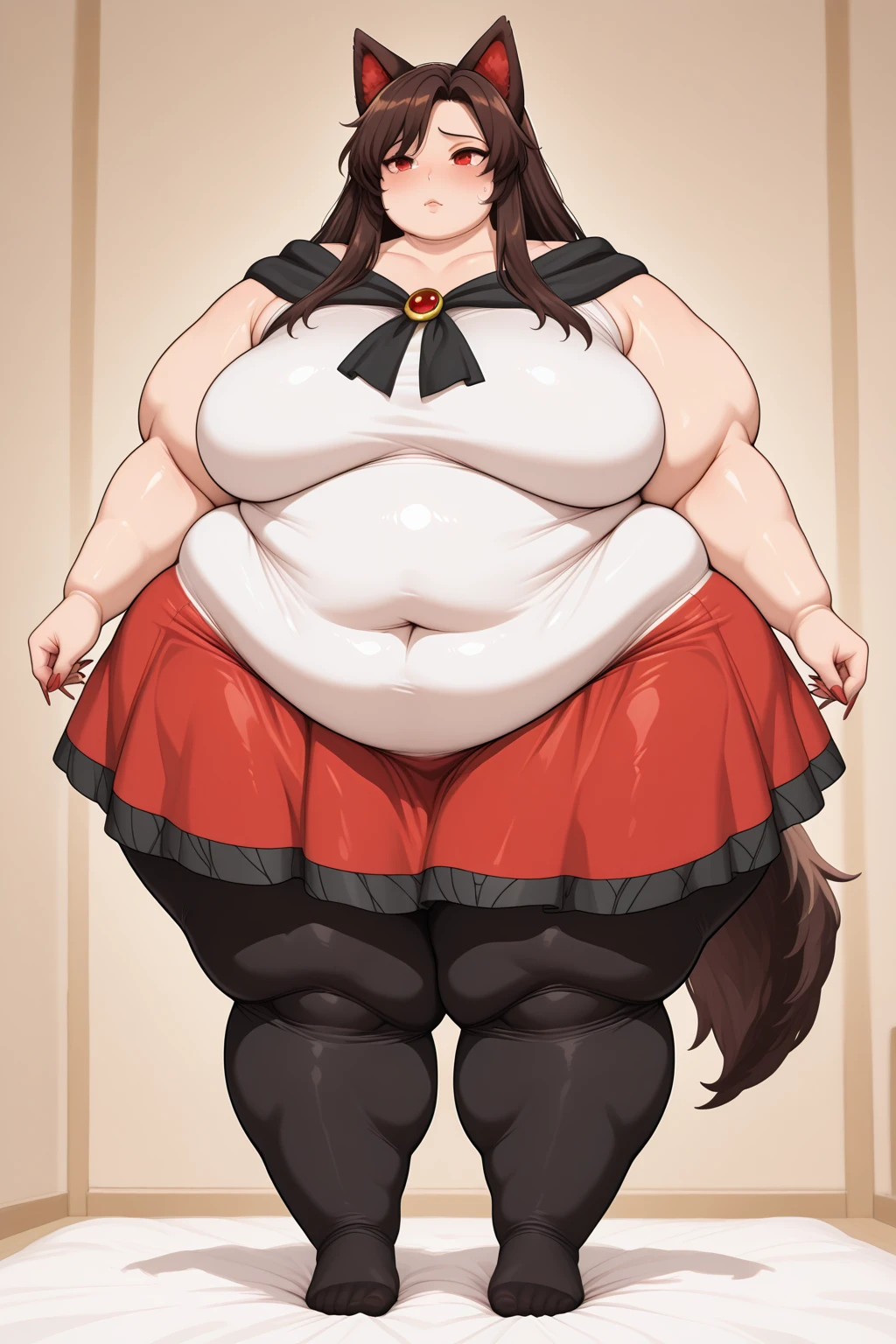 1girl, top heavy figure, (((incredibly big chest))), ((saggy chest)), plump, incredibly plump, ((big belly)), (((big tits))), pout, embarassed, wide, (((obese))), (((fat))), ((love handles)), double chin, out of shape, obese, fatty, shortstack, short woman, big bossom, ((milf)), small height, mature, standing, full body, bbw, ssbbw, ookami mio, skirt, white shirt, wide ponytail, yellow eyes, wolf ears, wolf tail, long hair, hair between eyes, black hair, black bikini, pantyhose, high heel,