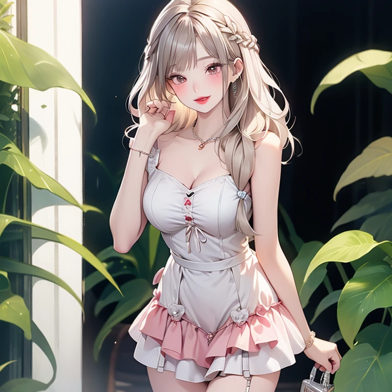 (leaning over:1.4), (masterpiece:1.2, best quality), (real picture, intricate details), 1girl, solo, absurdres, cowboy shot, standing, outdoors, :3, smile, bear girl, bear ears, ((light pink dress)), frills, very detailed dress, white thighhighs, platinum blonde hair, gray blue eyes, long hair, ((red strawberry choker)), smile, open mouth, one fang, large breasts, cleavage, sleeveless dress, arms behind back,