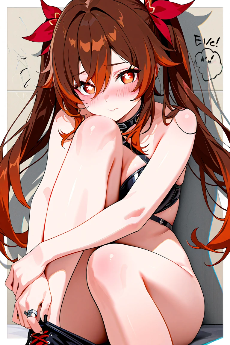 Shibuya rin, green eyes, brown long hair, medium breasts, nipples piercing's, tattoo of heart, nude, collar, stripper, fellatio, penis
