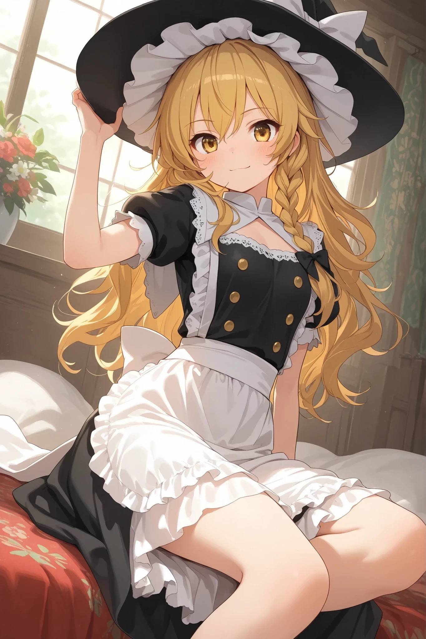 (Quality, 4k, A High Resolution, Masterpiece), Marisa Kirisame, blonde hair, long hair, side braid, golden eyes, Mexican costume 