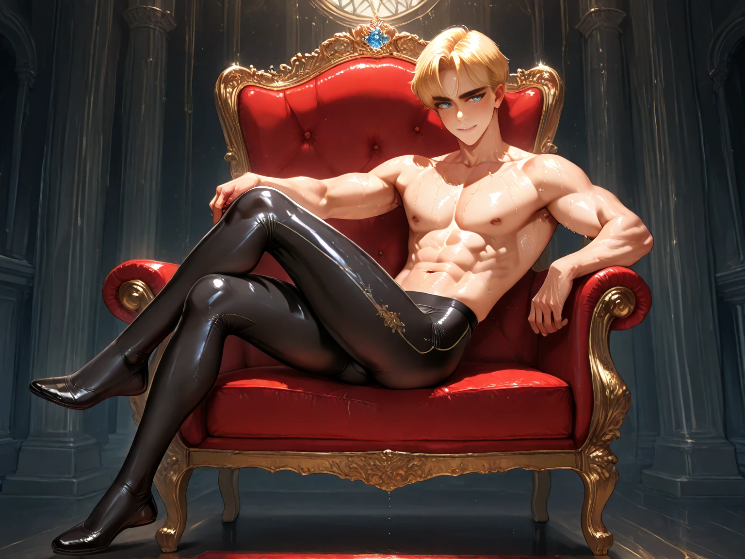 A handsome Galician boy with red eyes, short hair, full body view with a black shirt, medieval clothes and leather boots, sword, blonde hair, yellow hair, open tank top, chest sample
