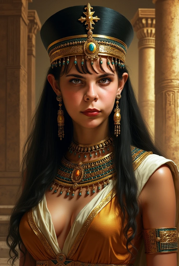 Hyperdetailed oil painting Closeup photo portrait of (young woman Cleopatra as the ancient egyptian queen), epic character composition, frontal view, atmospheric scene, masterpiece, best quality, (detailed beautiful face, detail skin texture, ultra-detailed body:1.1), diffused lighting