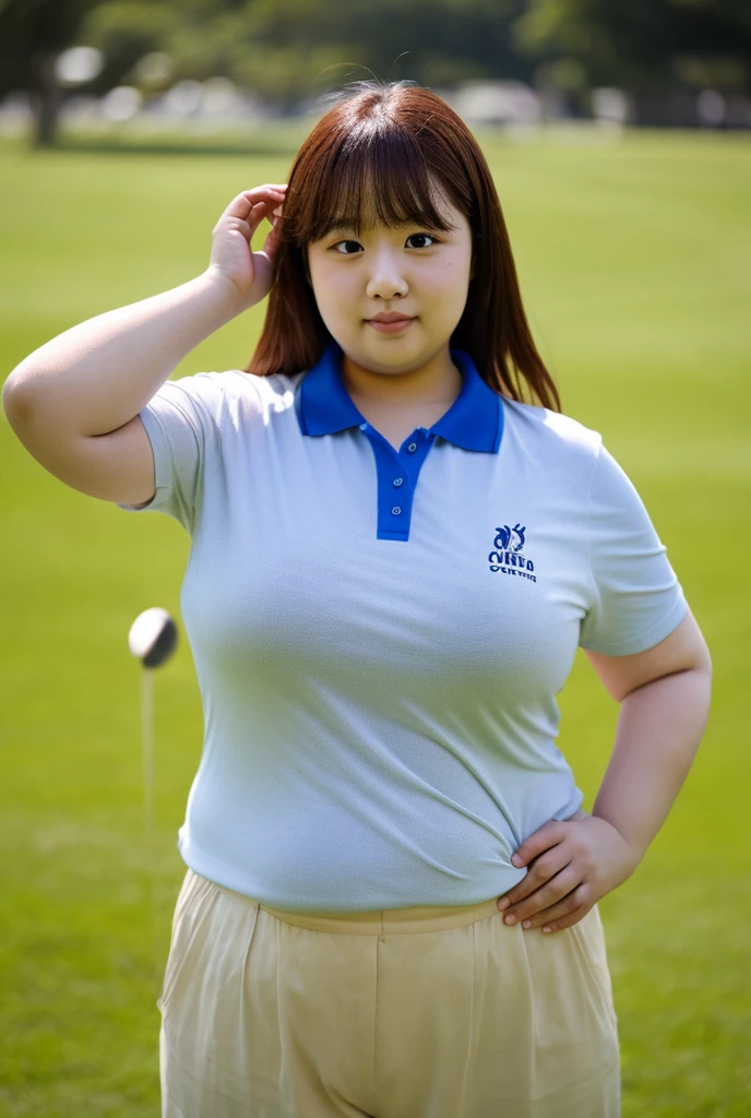 1 female, Overweight, extremely fat, ((Chubby)), white golf wear, Golf Course, Japanese, 8K, highest quality, 超High resolution, (Surreal)、(High resolution)、(8k)、(Very detailed)、(Very detailed)