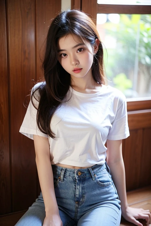 Japan Girl,beautiful girlfriend,a beauty,Raw foto,8K,morning sun lighting,Gray T-shirt and jeans miniskirt,Smooth long hair,A dark-haired,A detailed face,Detailed skin,Detailed eyes,(Slim body:1.3),petite girl in,About 23 years old,
