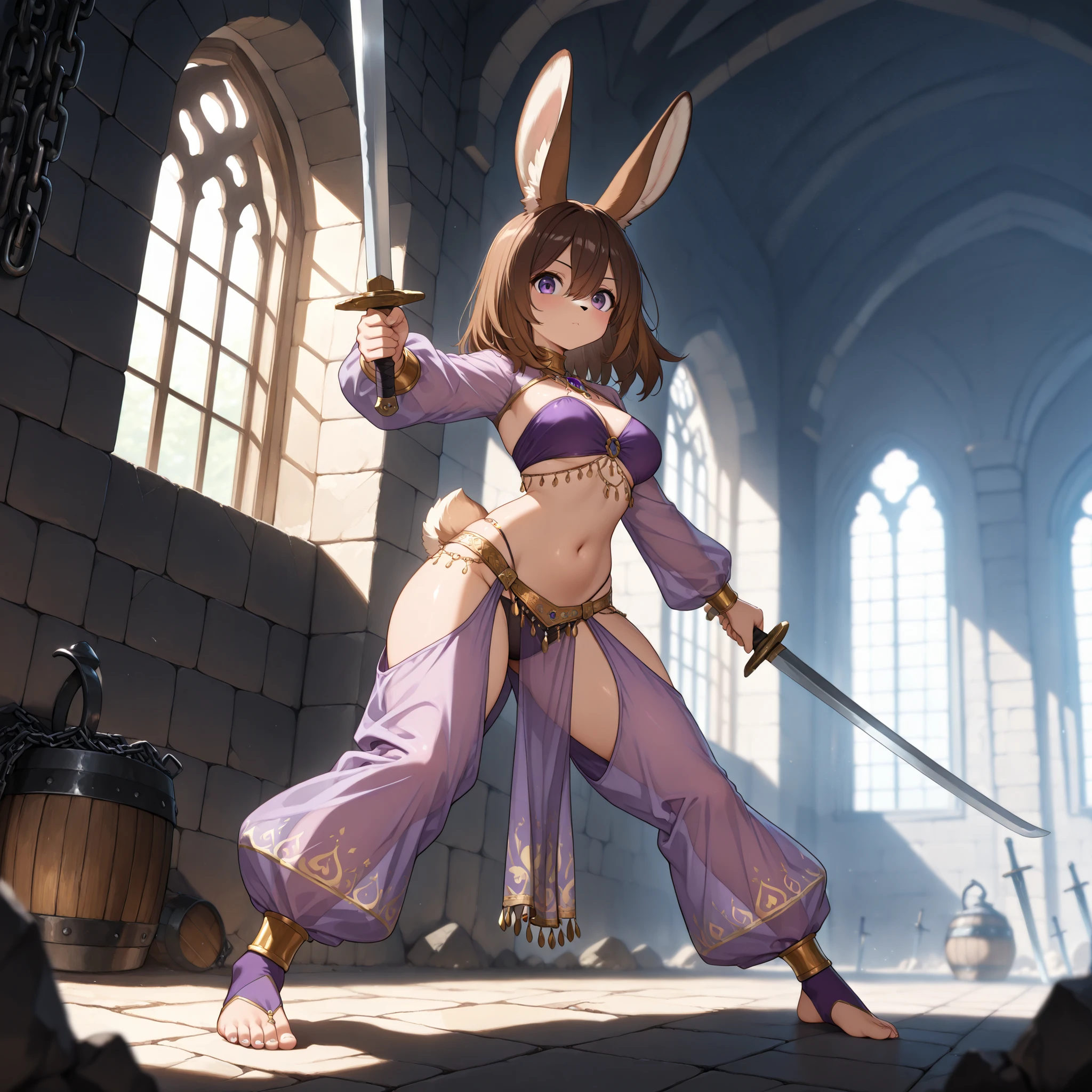 (masterpiece, best quality, amazing quality, very aesthetic, high resolution, ultra-detailed, absurdres, newest, scenery, 1girl, solo, rabbit ears, brown ears, rabbit tail, brown tail, brown hair, medium hair, hair between eyes, beautiful face, purple eyes, furry, kemono, Fluffy fur, brown fur, two tone fur, beautiful breasts, navel, slim waist, wide hips, Belly Dance Costumes, jewelry band top, long sleeves, panties, pelvic curtain, very baggy oversized open chaps pants, harem pants, toeless socks, bare feet, body jewelry, hip jewelry, prints, harem outfit, purple clothes, standing, holding two swords, fighting stance, dynamic pose, graceful, sexy, cute, full body, dungeon, detailed background, depth of field, volumetric lighting, volumetric lighting, hkstyle)