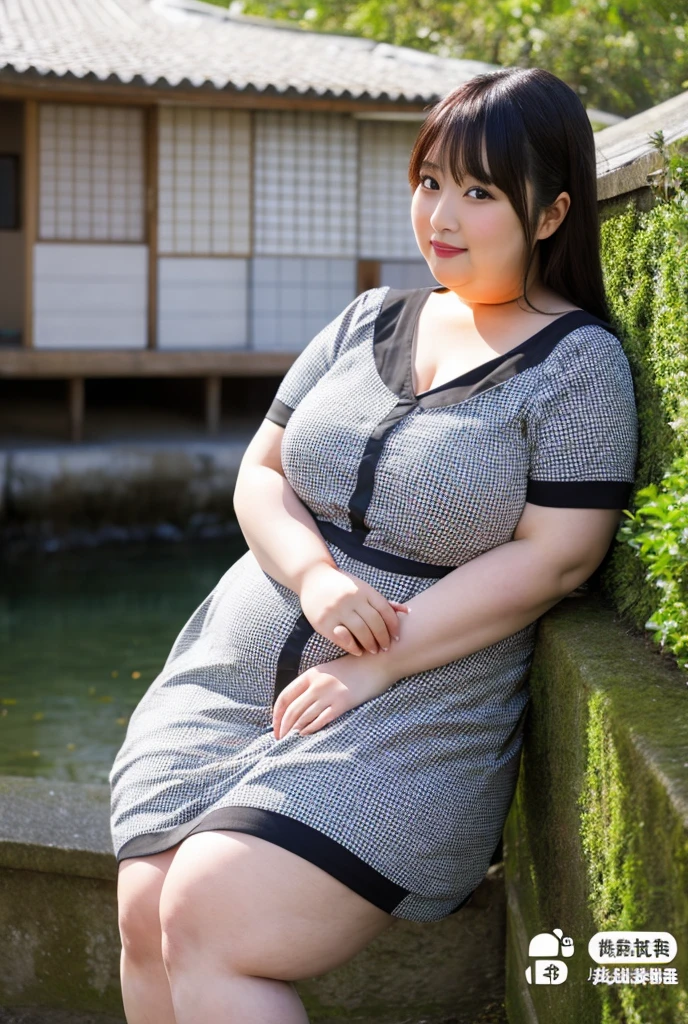 her name is Akira, high quality, 1girl, ((18-year-old chubby JAPANESE woman)), ((18 years old)), ((((CHUBBY BODY)))), SHORT BOB, pose: sitting, wearing stylish fashionable Generation-Z modern wear different colored, BACKGROUND: Within the serene gardens of Kinkaku-ji, where a temple reflects the water.