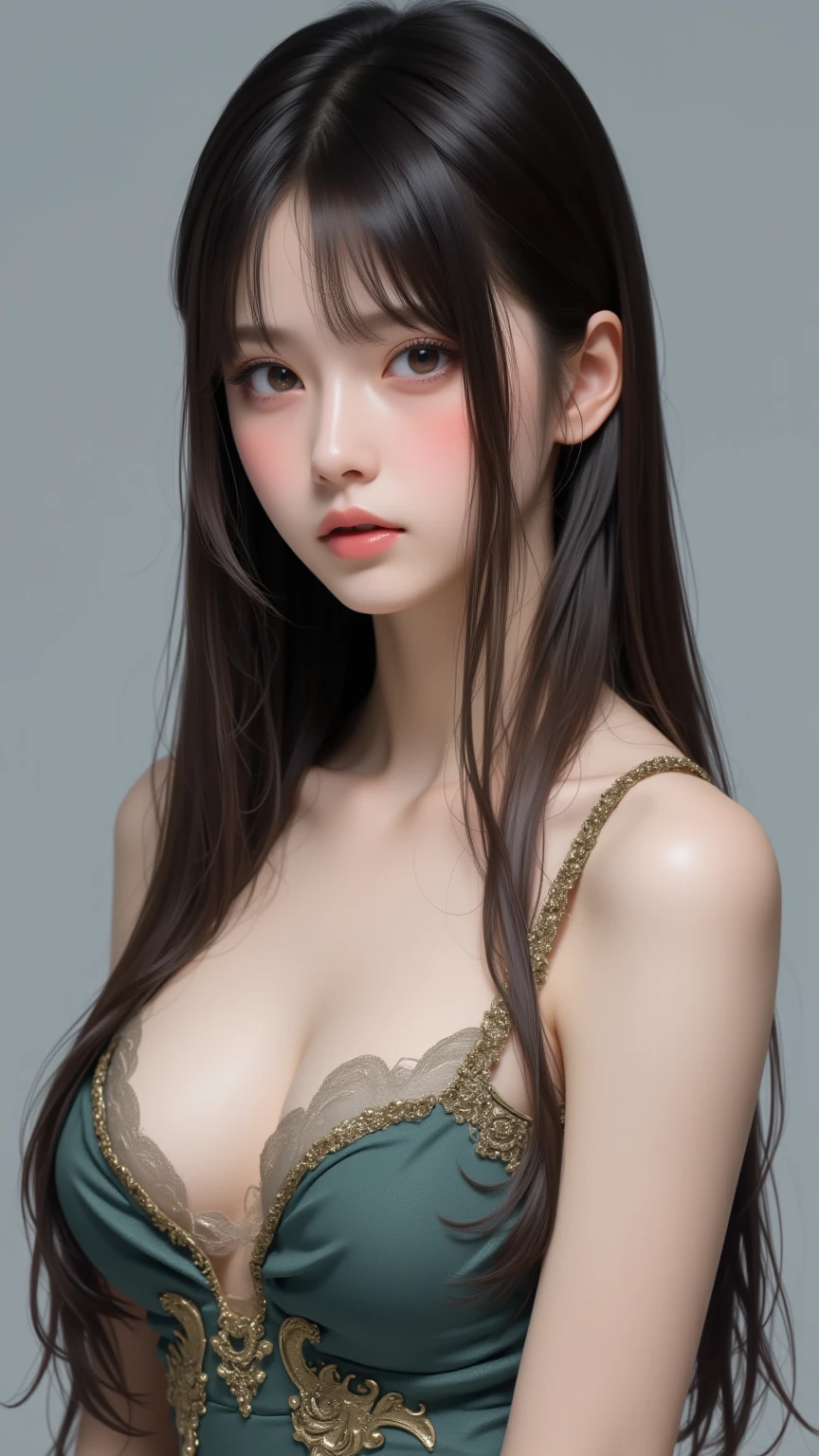 straight hair . huge breasts , black background , a cute girl