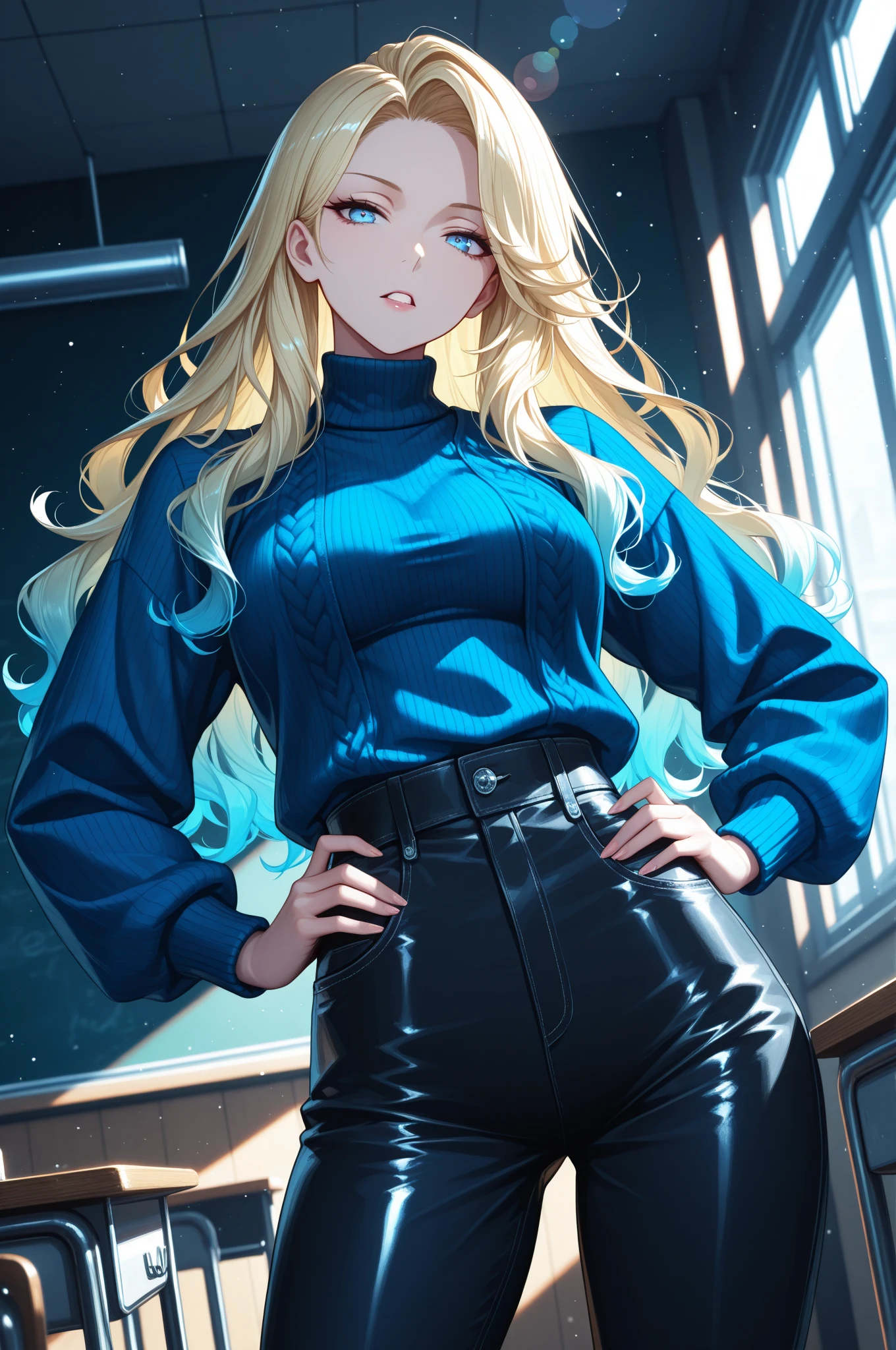 young girl, blue eyes, blue Pullover, black long skirt, whole body to see, smiled, excited, moans, blond long hair, sexy pose, big breasts, wide hips