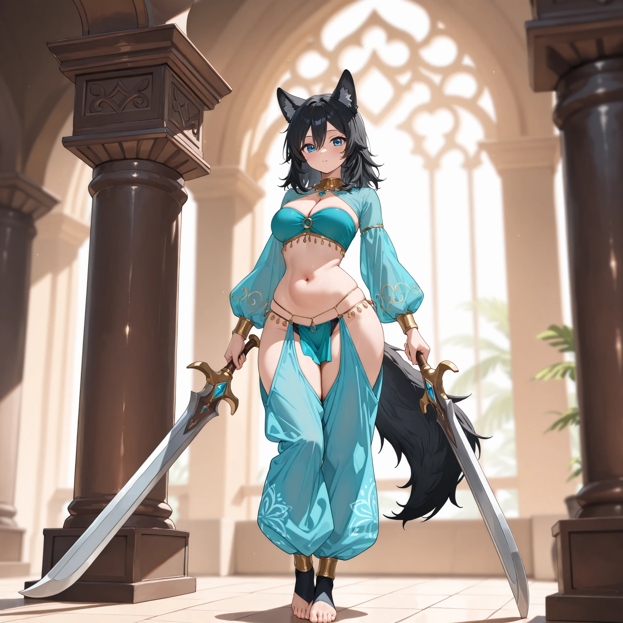 (masterpiece, best quality, amazing quality, very aesthetic, high resolution, ultra-detailed, absurdres, newest, scenery, 1girl, solo, wolf ears, black ears, wolf tail, black tail, black hair, medium hair, hair between eyes, beautiful face, blue eyes, beautiful breasts, cleavage, navel, sagging belly, slim waist, wide hips, Belly Dance Costumes, jewelry band top, long sleeves, panties, pelvic curtain, very baggy oversized open chaps pants, harem pants, toeless socks, bare feet, body jewelry, hip jewelry, prints, harem outfit, coloured clothes, standing, holding two big blades, standing, confident, graceful, sexy, cute, full body, depth of field, volumetric lighting)