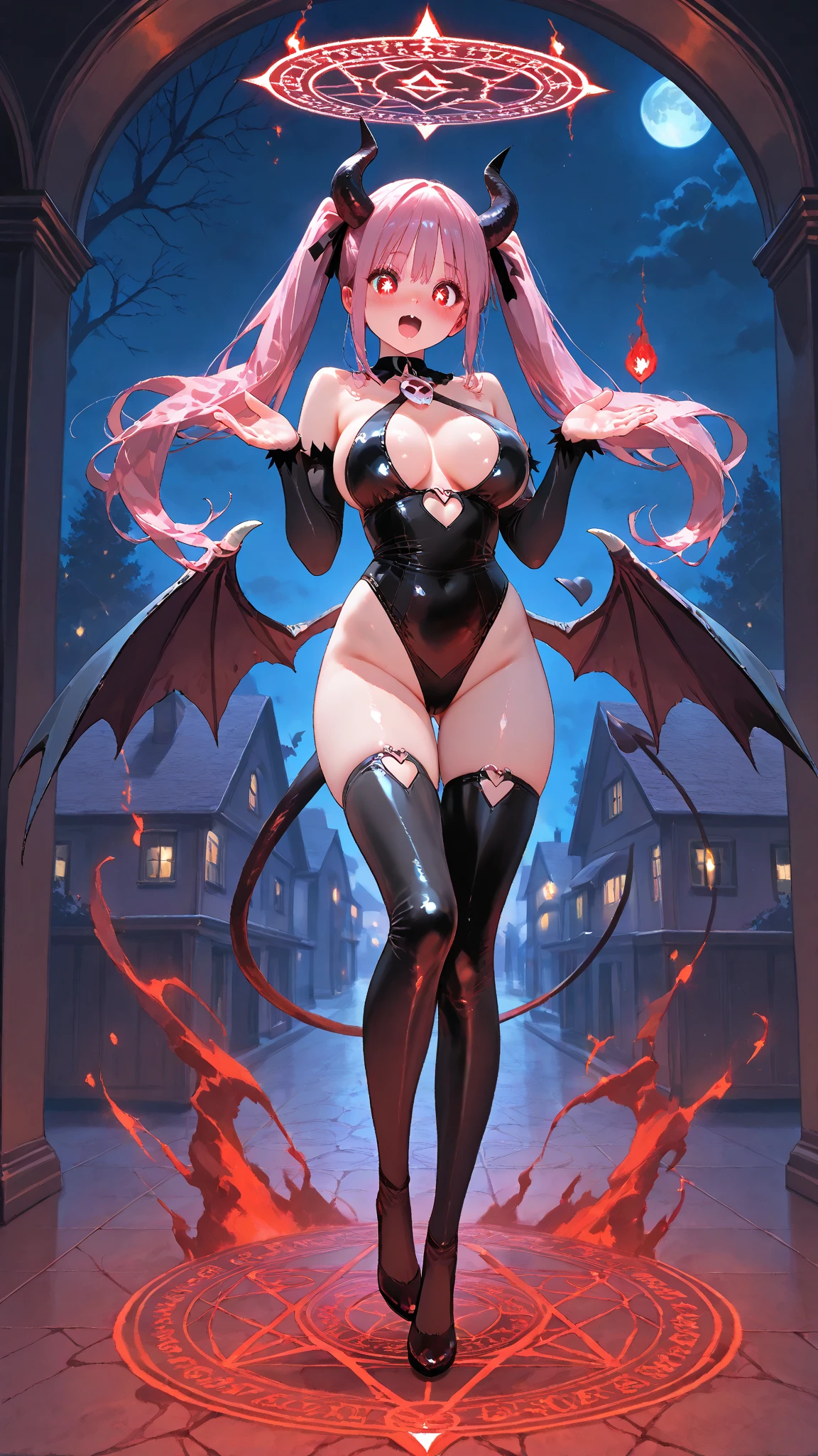 NSFW, masterpiece, 1girl, ((bimbo)), succubus, puffy lips, painted lips, thick lips. scarlet red hair, thick hips, thick thighs, bursting breasts, Demon lewd outfit,black clothes, croach tattoo, large massive breast, Demon wing, succubus tail, horns, fantasy city at night, medieval fantasy, prostitutes at the bottom, palace in the background, night club. Light from within,