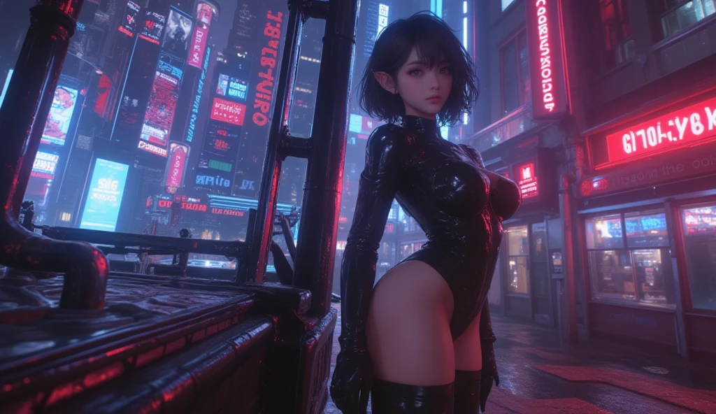 (Wide angle view). "ghost in the shell" film inspired futuristic Tokyo city, simple outlined neon tall buildings, (OLED holographic portrait on buildings), glowing giant clock tower, 1drone, lightning, 3D rendering Beeple. At night, (1girl, solo, alone), photorealistic, medium-breast slim:0.6 body, oval:0.5 face, cleavage:1.1, sexy costume with deep-v, low view pleated miniskirt, glove, (Matrix style black micro sunglasses), ((aiming viewer with a short gun)), (running pose), (half-body thigh level close-up shot), cinematic lighting, ray tracing.