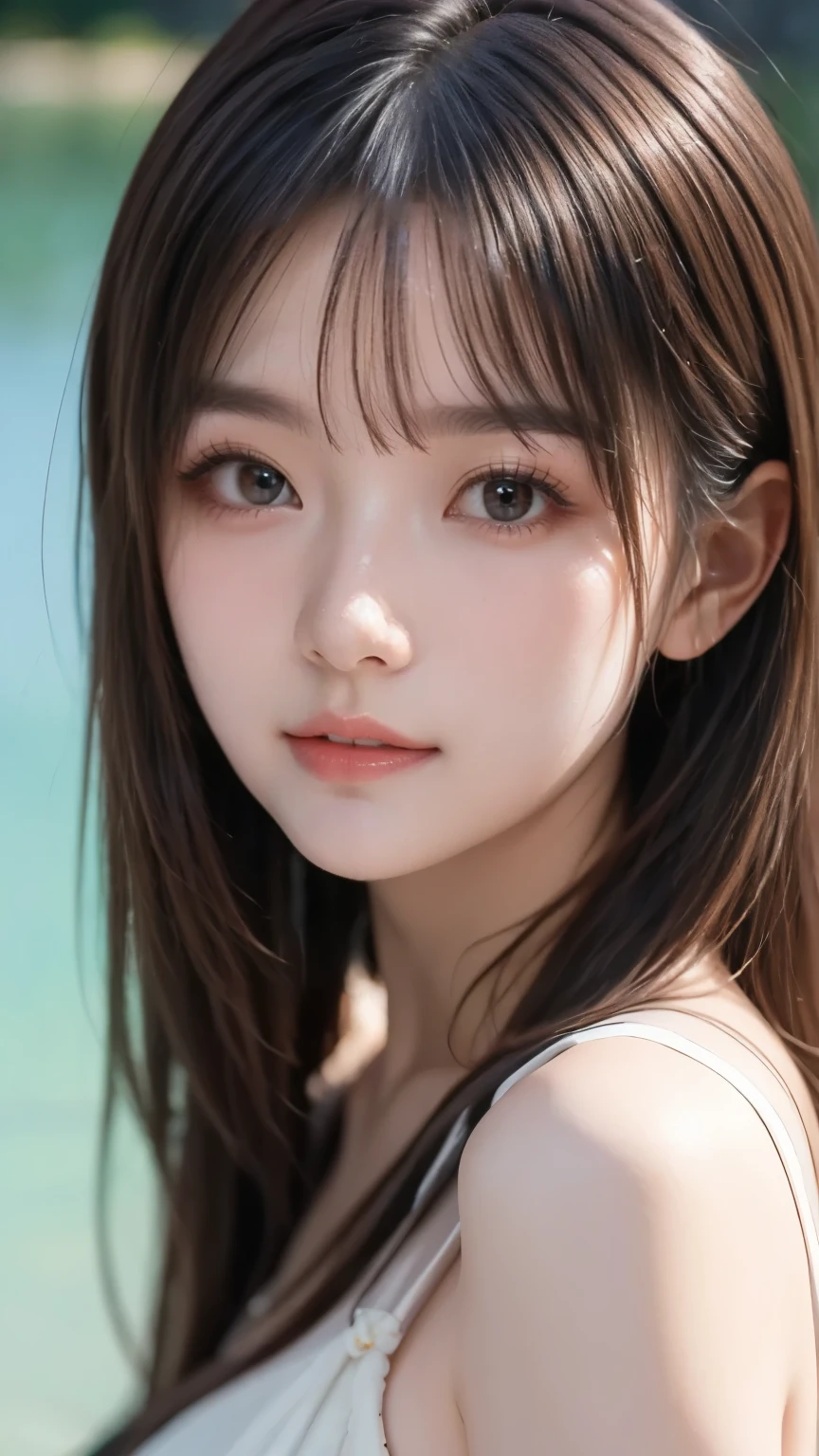 ((Beauty like a model)), Japan Girl,1 persons,masterpiece, The highest image quality, ultra-detailliert, (perfectbody:1.2), ((Perfect face+Brown hair)), Close up of, short wavy hair,Viewer's Perspective, detailed hairs、Detailed eyes(realisticeyes),profetional lighting,medium breasts brown eyes),slenderbody, Lady,About 28 years old,glamor,kindly smile,Half Girl,Lashes,二重まぶた,Tank Tops,Raw photo,glamorのある唇,Lovely smile,she crumpled her face and smiled,Navel Fashion,abdominals,Constriction,Beautiful back,