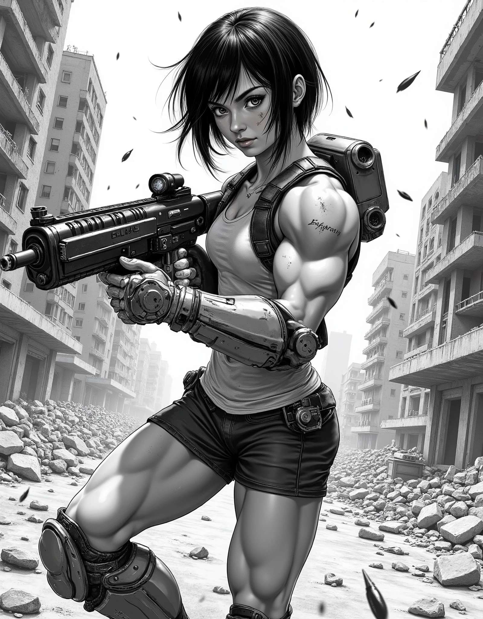 manga style,black and white manga, stylish Russian girl with big eyes and a short pixie haircut, ,slim sweet, thoughtful,big eyes, sexy,manga,realism,black and white image,drawn manga style,Cute girl,in short shorts and a,blond hair, , skinny,girl,Russian ,wet skin and hair , manga style ,her right arm and left leg are knee-deep mechanical(top half cyborg robot),girl,fighter, cheek scar), against the background of the destroyed city, City fight,shootout, gun in a cabur on her belt, fighting pose , holds a machine gun in his hands) and shoots from it, scream), ready for battle, the ruins of the city, shooting, ((dodges bullets in slow mo, bullets leave inversion marks)),maximum detail,shaggy hair, light bulletproof vest on his ,