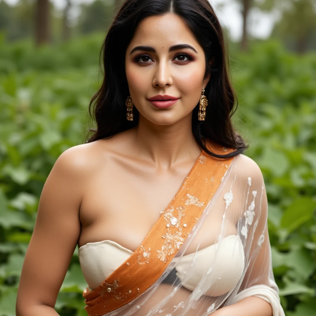 half body realistic portrait of 20 years old top-less Russian Adult model (40%Karishma_Kapoor+15%Tulip Joshi+15%Genelia D'Souza+15%Ileana D'Cruz+15%Manisha Koirala in loosely wrapped on sari over bare body, drenched in balcony garden