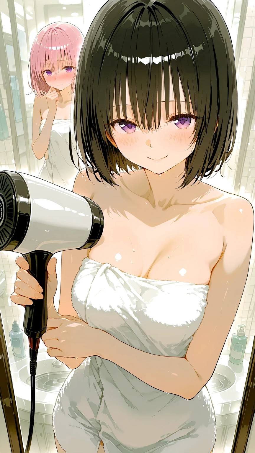 、(masterpiece、Highest quality)、Highest quality, Ultra-high resolution, (((masterpiece))), alone, Sweat、Big eyes, Composition from the front、Shortcuts、Embarrassed face、Bronze colored hair、Cut the back hair short、Bathroom、Shower scene、 Expose、Completely ?????、pubic hair、belly button、Large ??????、Nipples、short hair